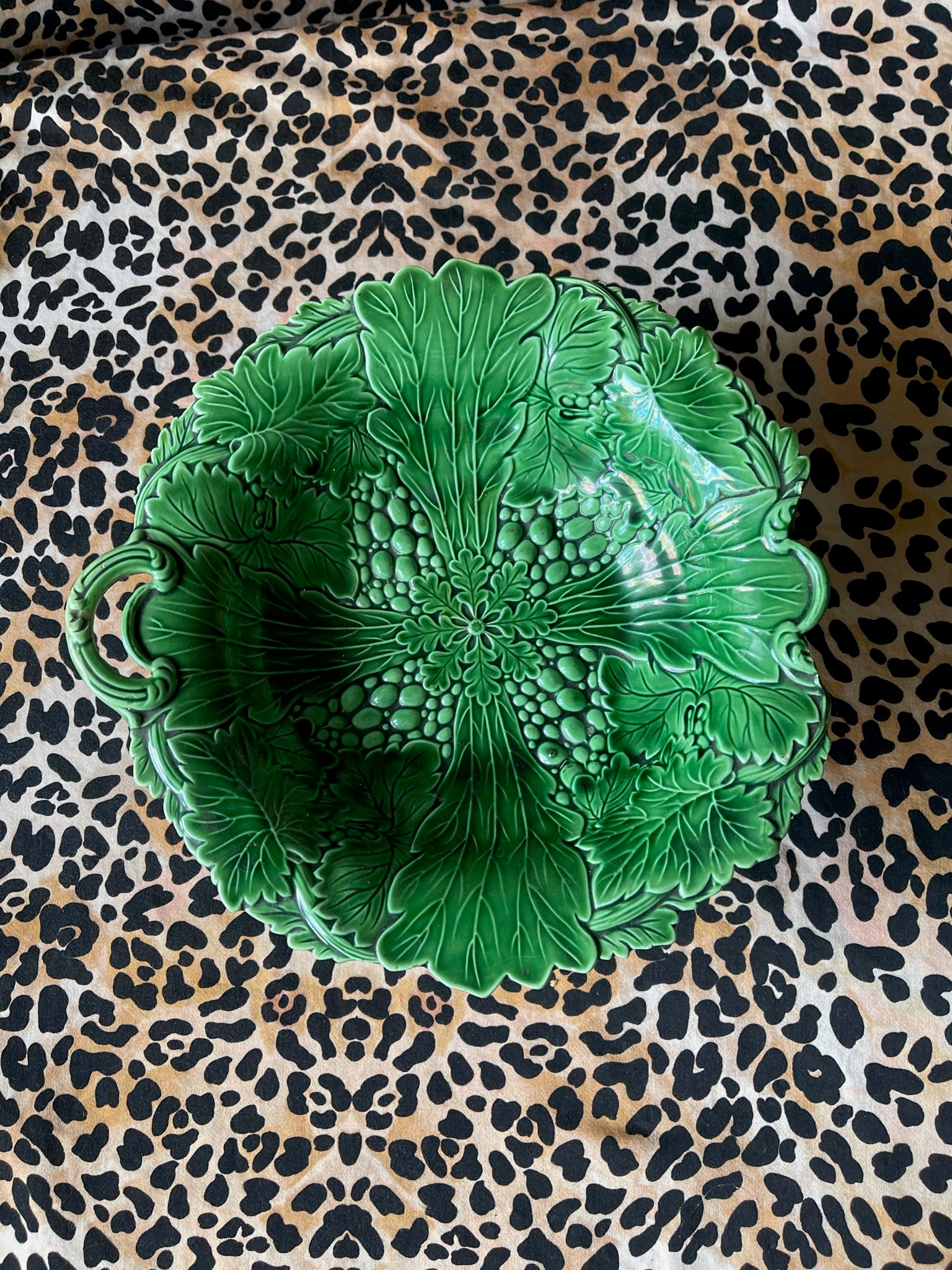 Antique Green Majolica Grape Vine Pedestal Dish