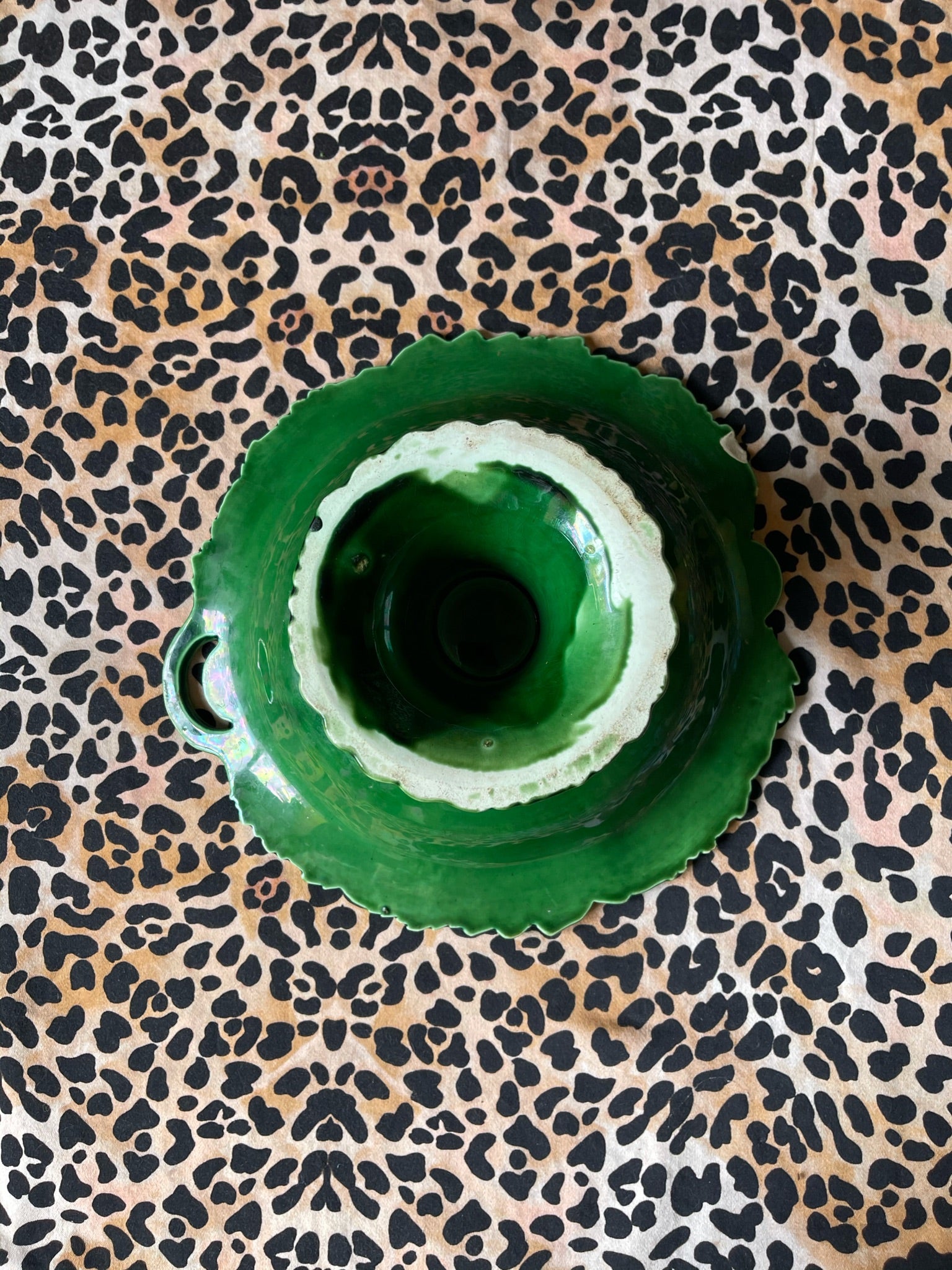 Antique Green Majolica Grape Vine Pedestal Dish