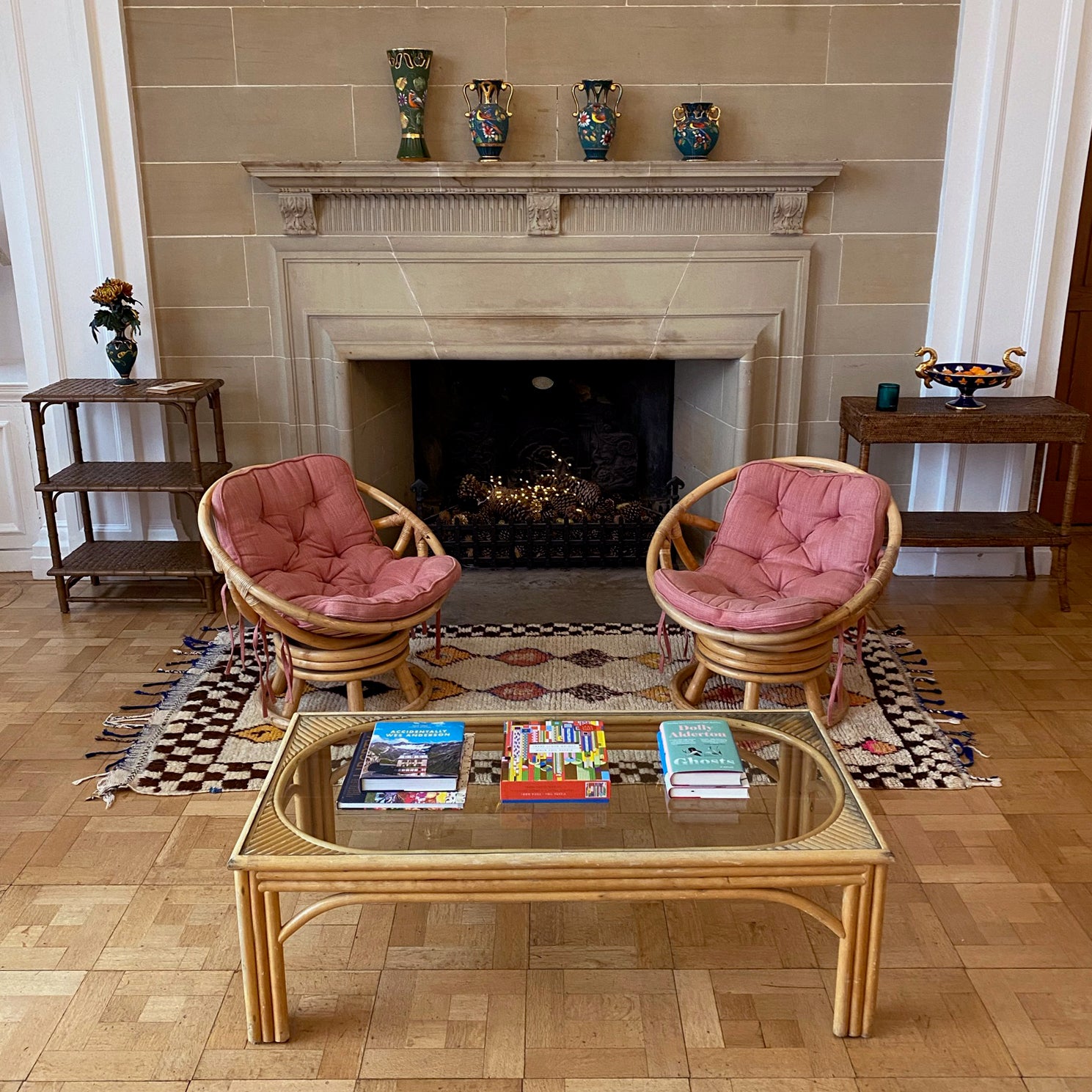 Rattan Papasan Swivel Chairs Blush Pink Cushions