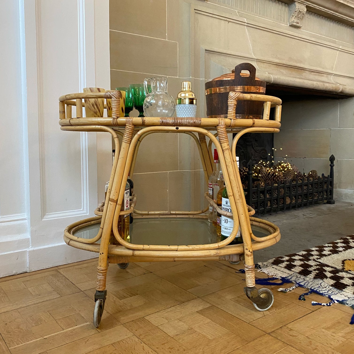 Mid Century Bamboo & Glass Bar Cart