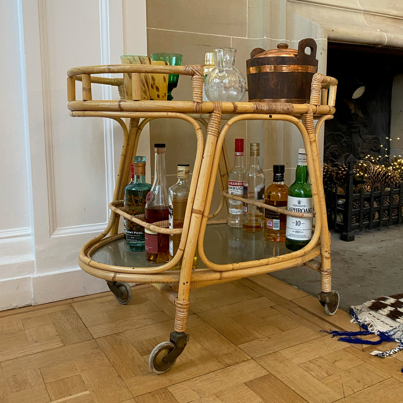 Mid Century Bamboo & Glass Bar Cart