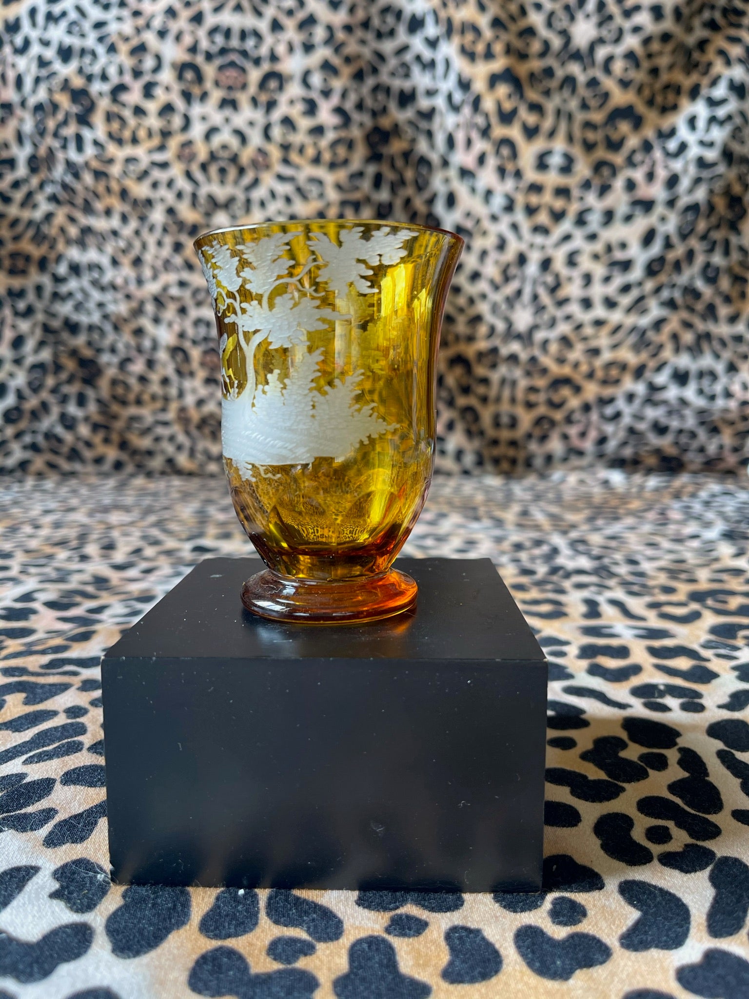 Amber Glass with Etched Woodland Scene