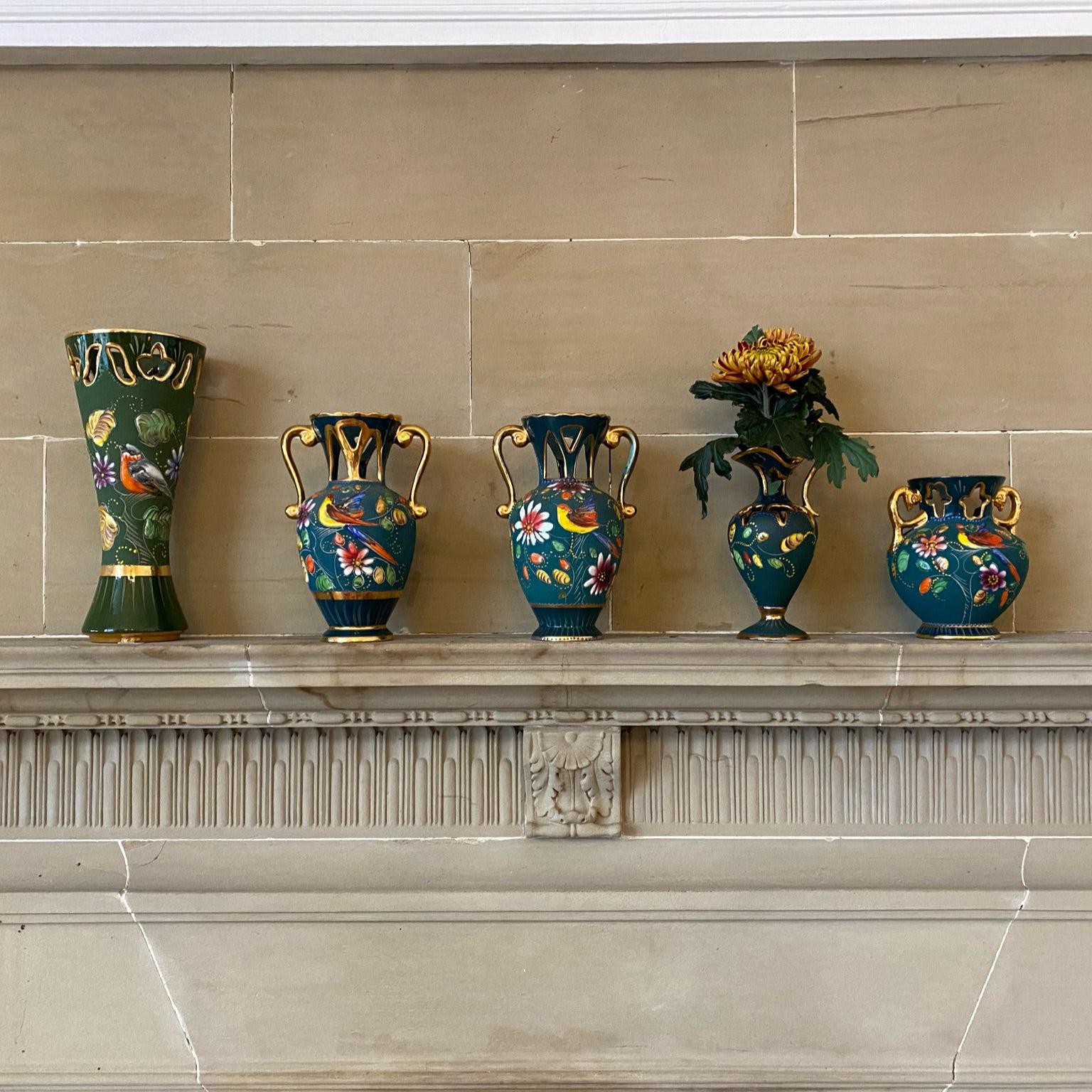 Pair of H. Bequet Teal Hand-painted Vases Quaregnon Belgium