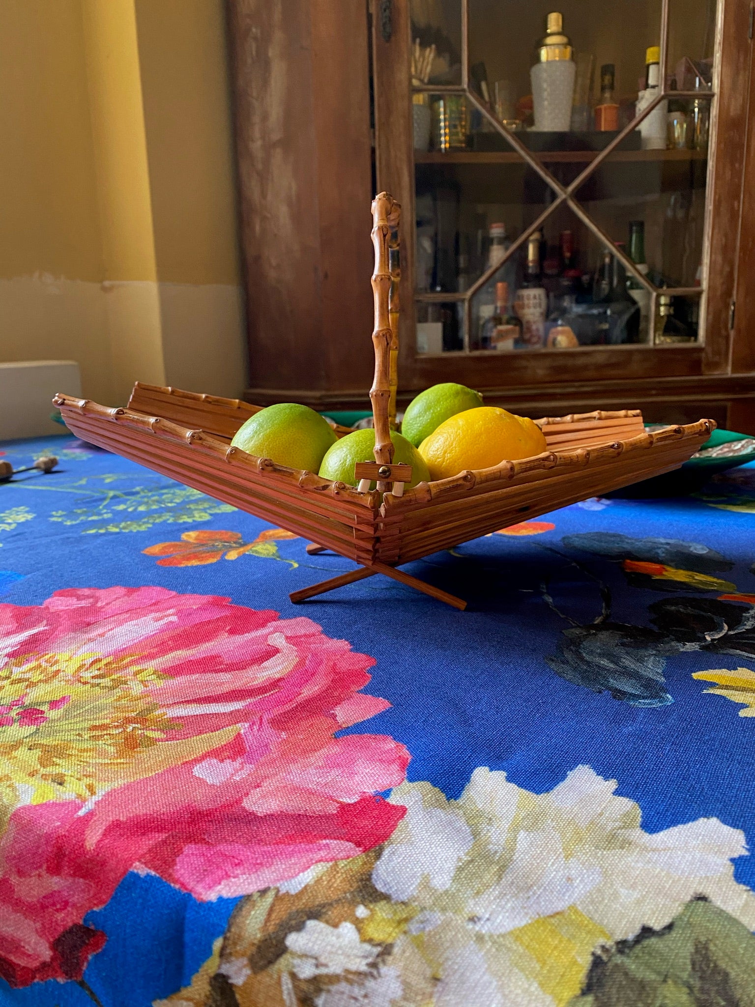 Bamboo Midcentury Folding Fruit Bowl with Handle