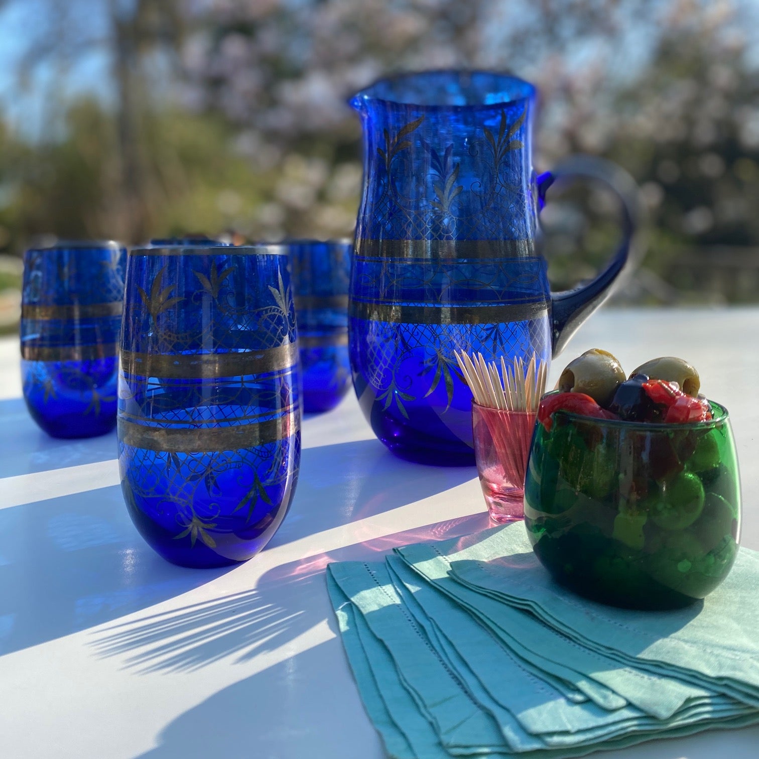 Blue Bohemian Glass Jug and Highballs