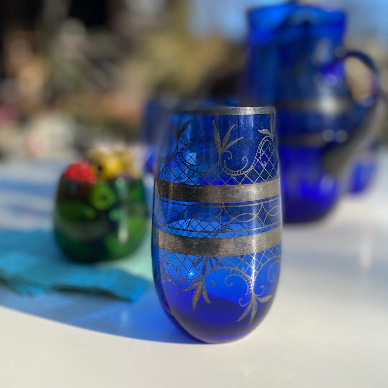 Blue Bohemian Glass Jug and Highballs