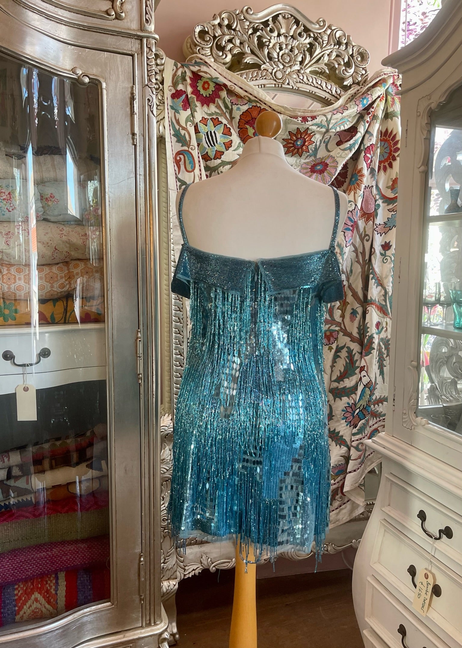 Blue Metallic Beaded Cocktail Dress