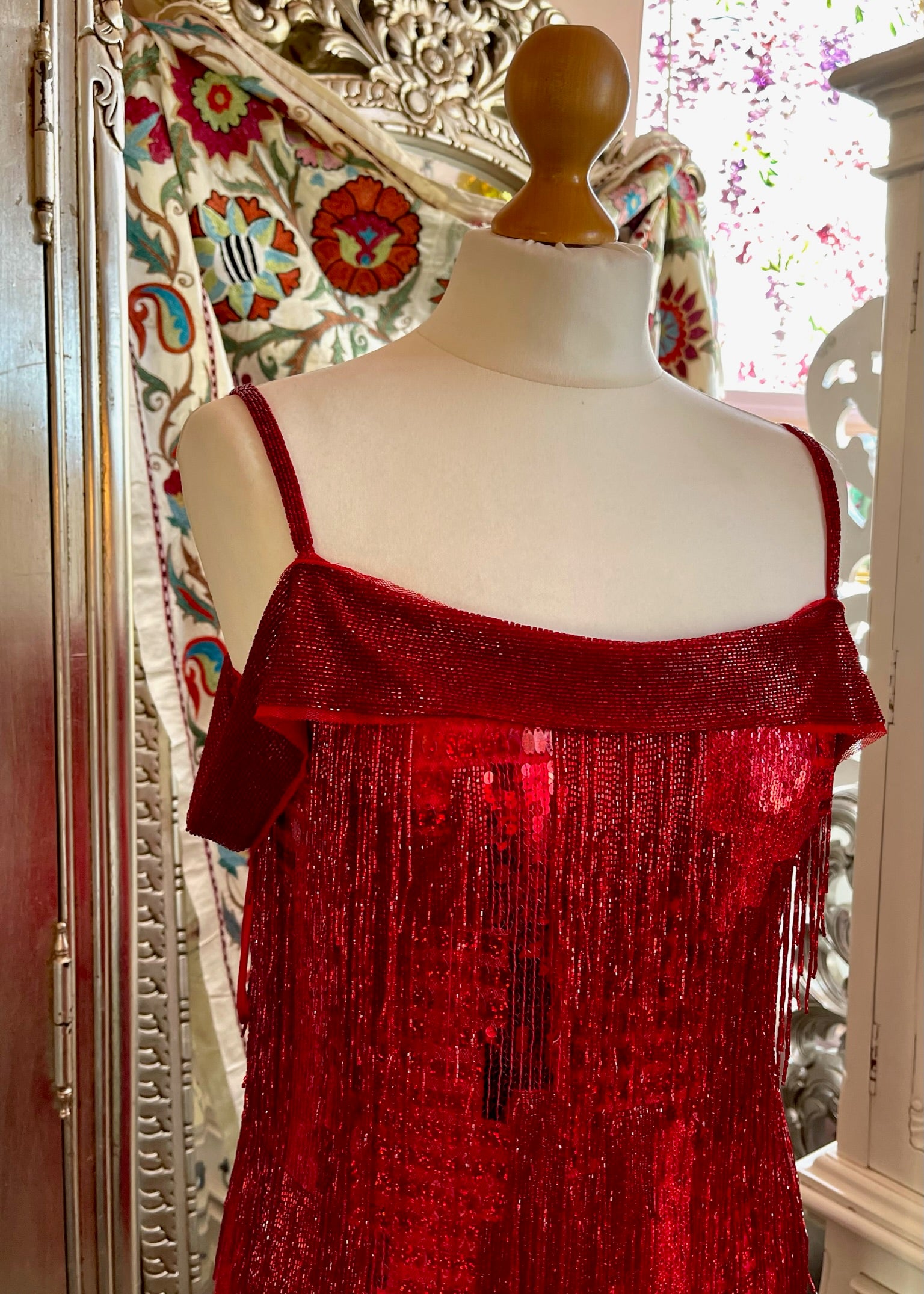 Red Metallic Beaded Cocktail Dress