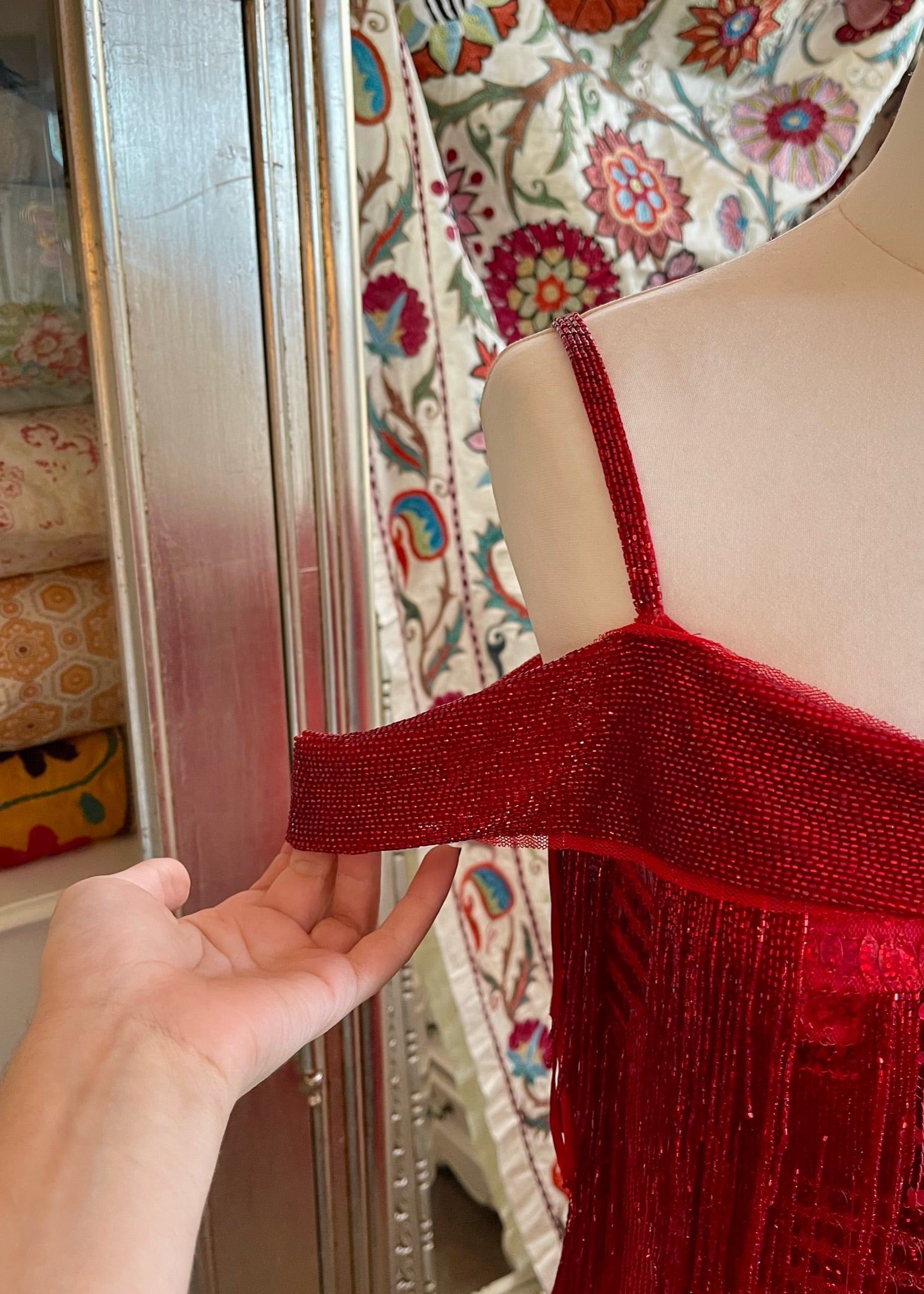 Red Metallic Beaded Cocktail Dress