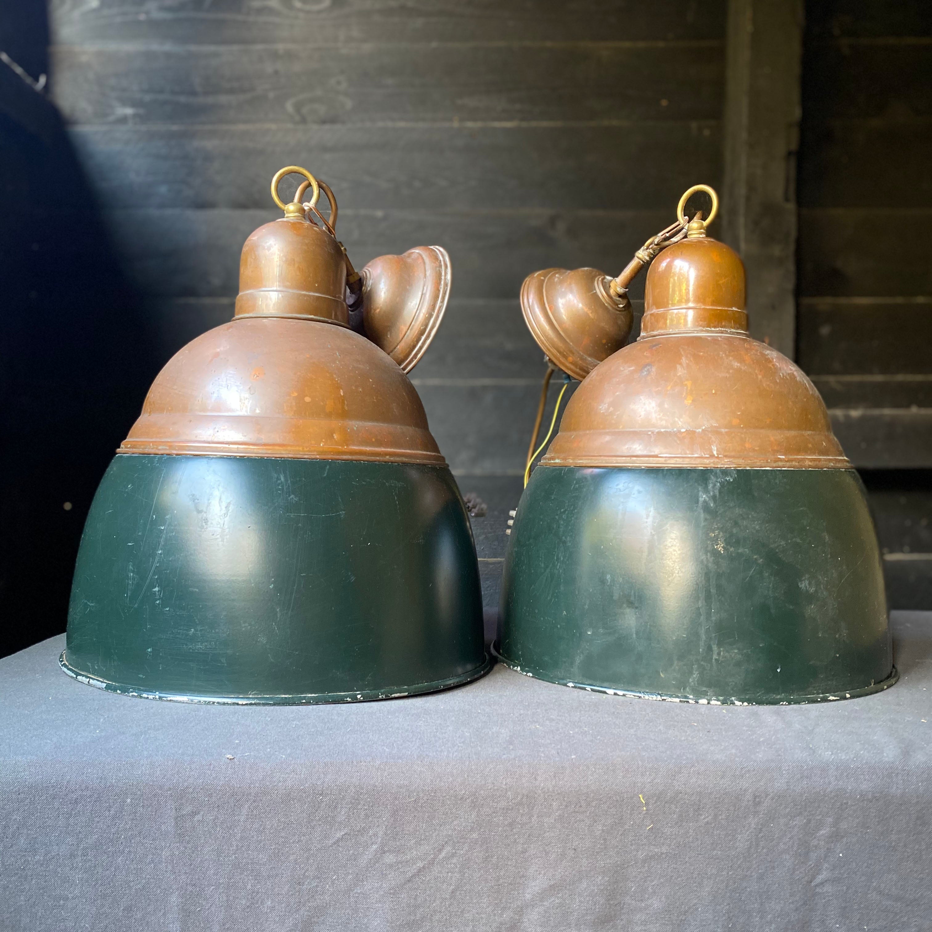 Pair of Green Industrial Enamel & Brass Lamp Shades