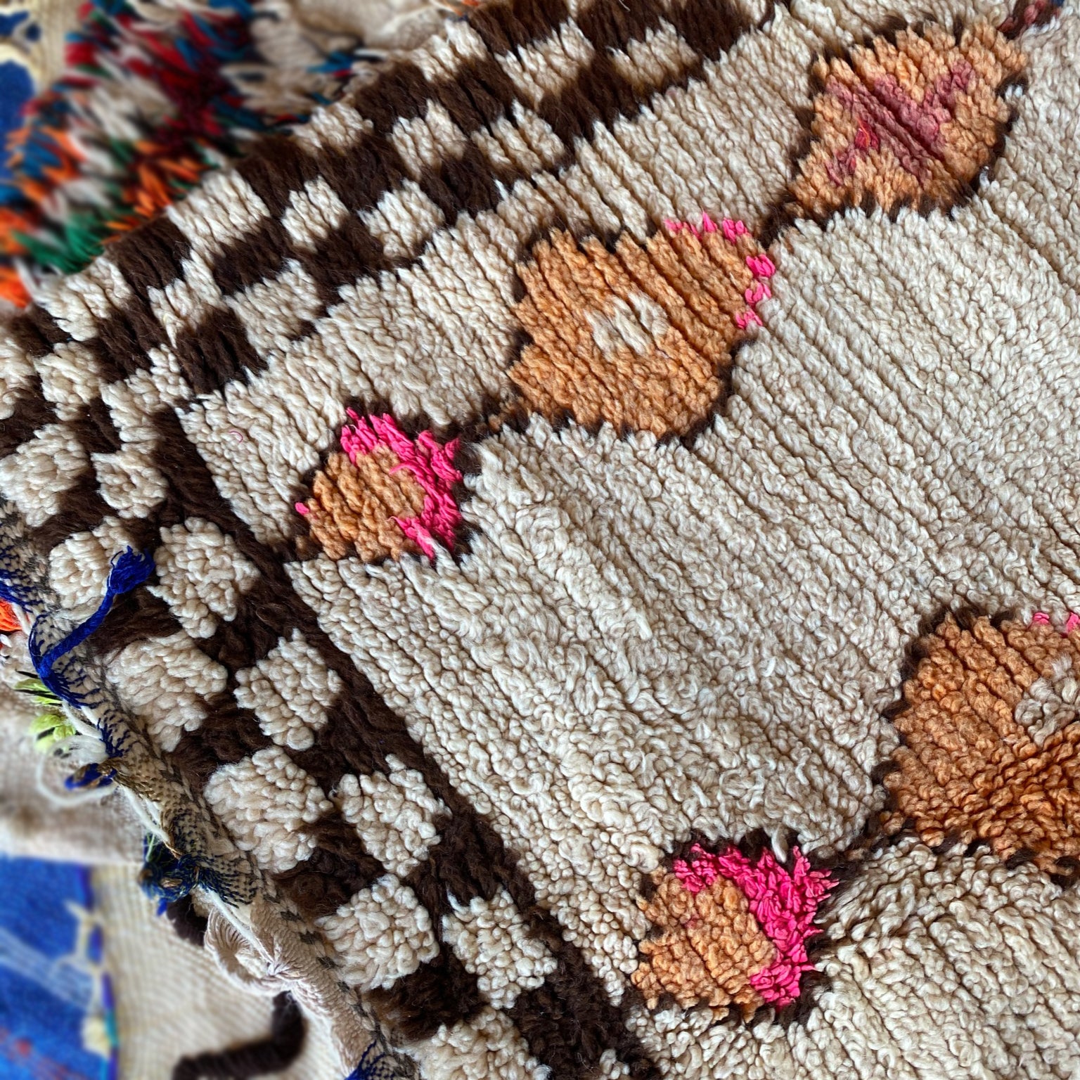 Antique Mocha & Pink Diamond Checkered Moroccan Rug