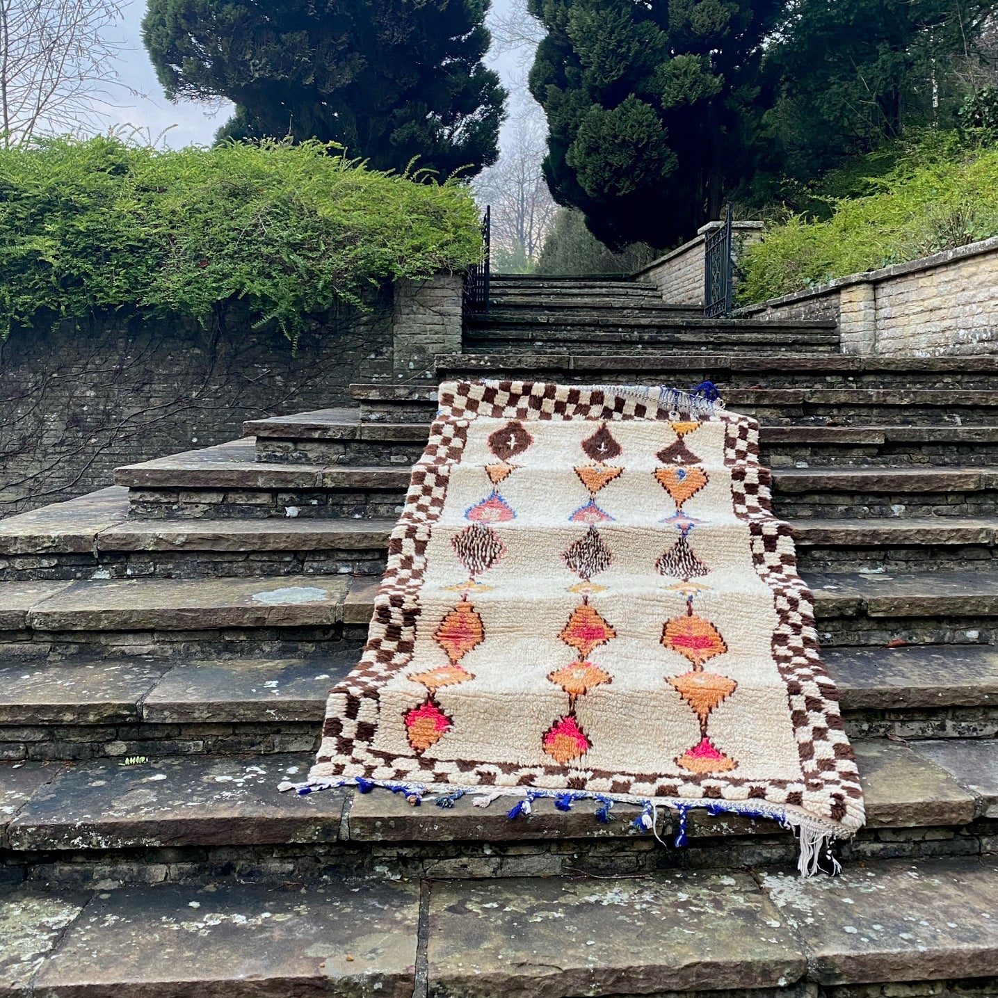 Antique Mocha & Pink Diamond Checkered Moroccan Rug
