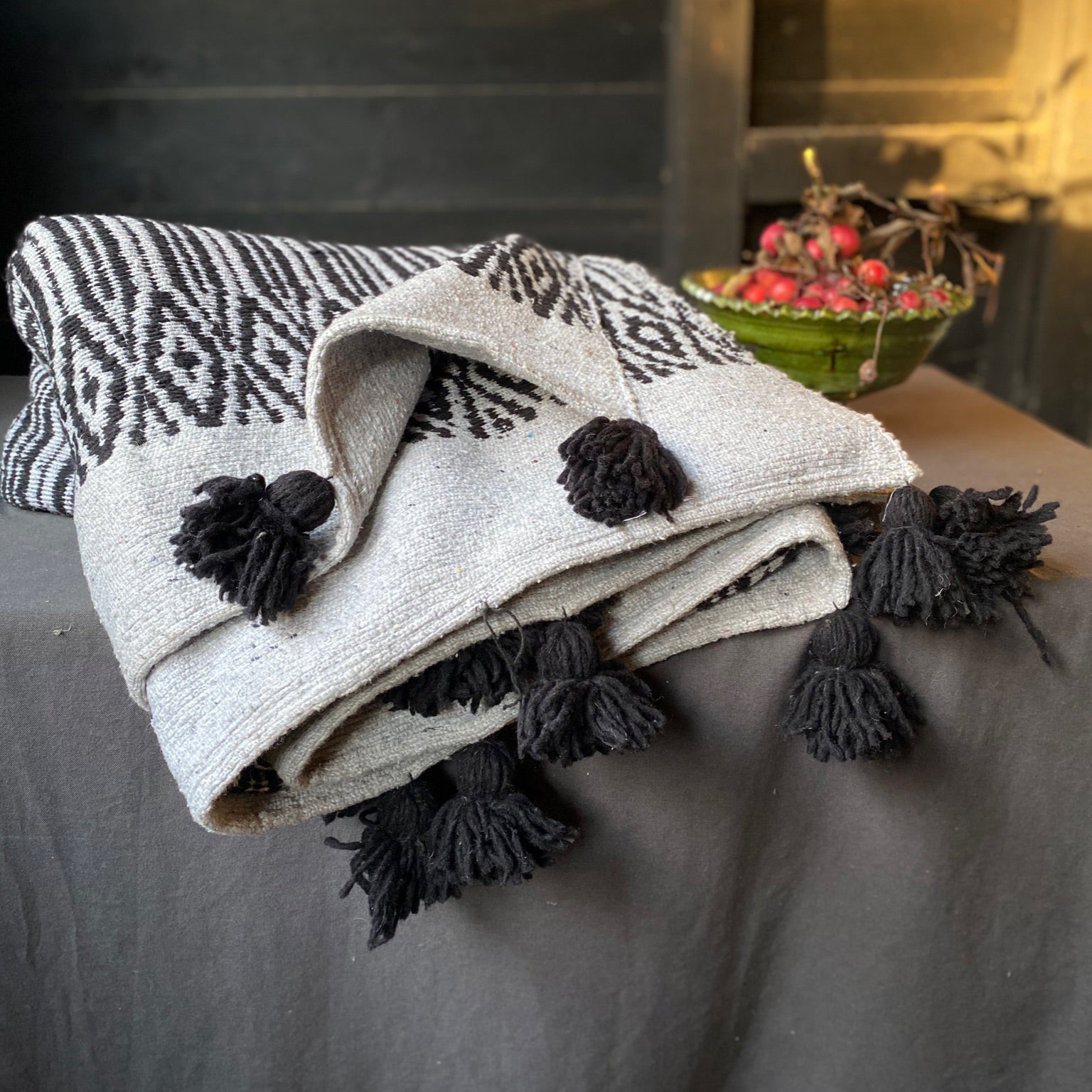 Charcoal Diamond Moroccan Pom Pom Throw