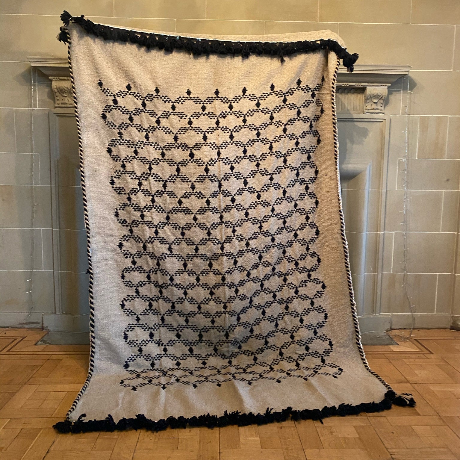Sand & Black Diamond Throw with Pom Poms