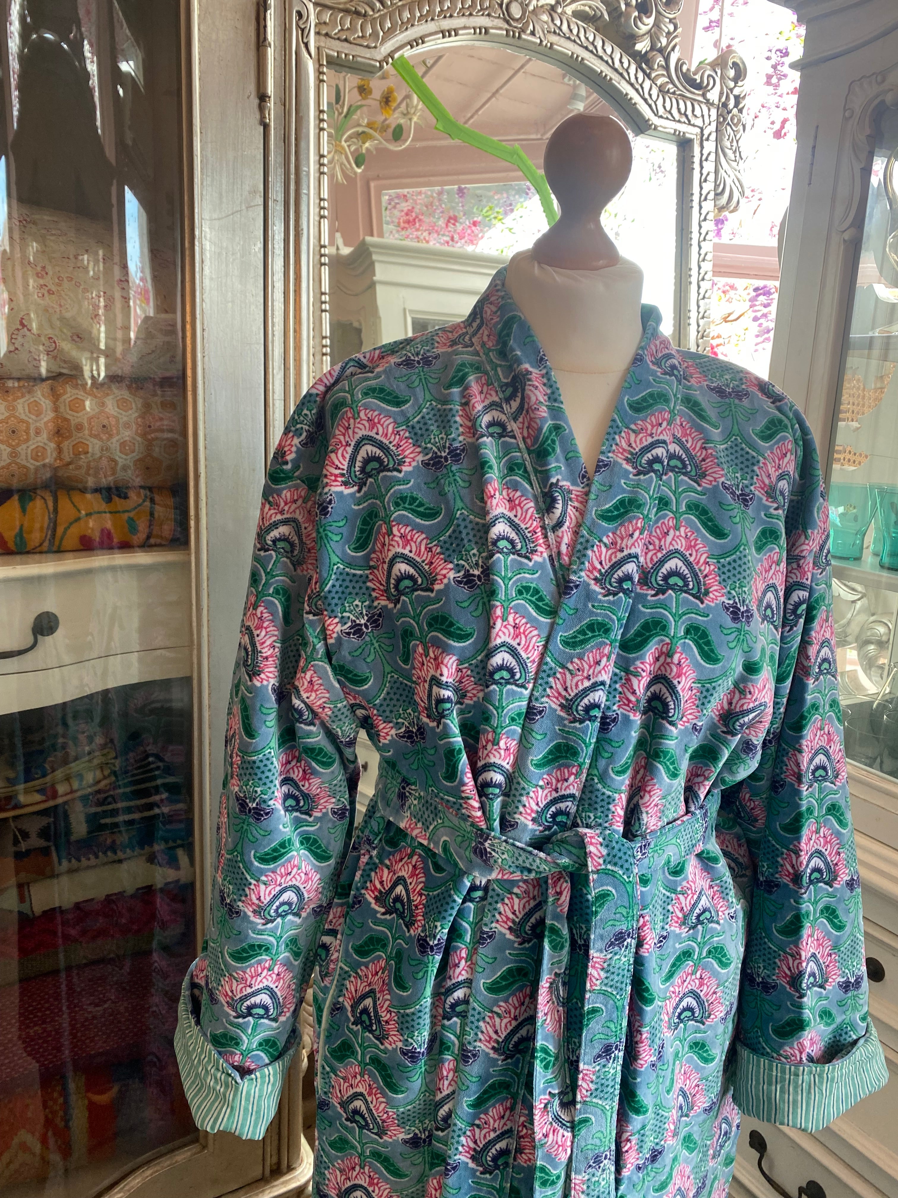 Peacock Blue Turquoise Velvet Dressing Gown