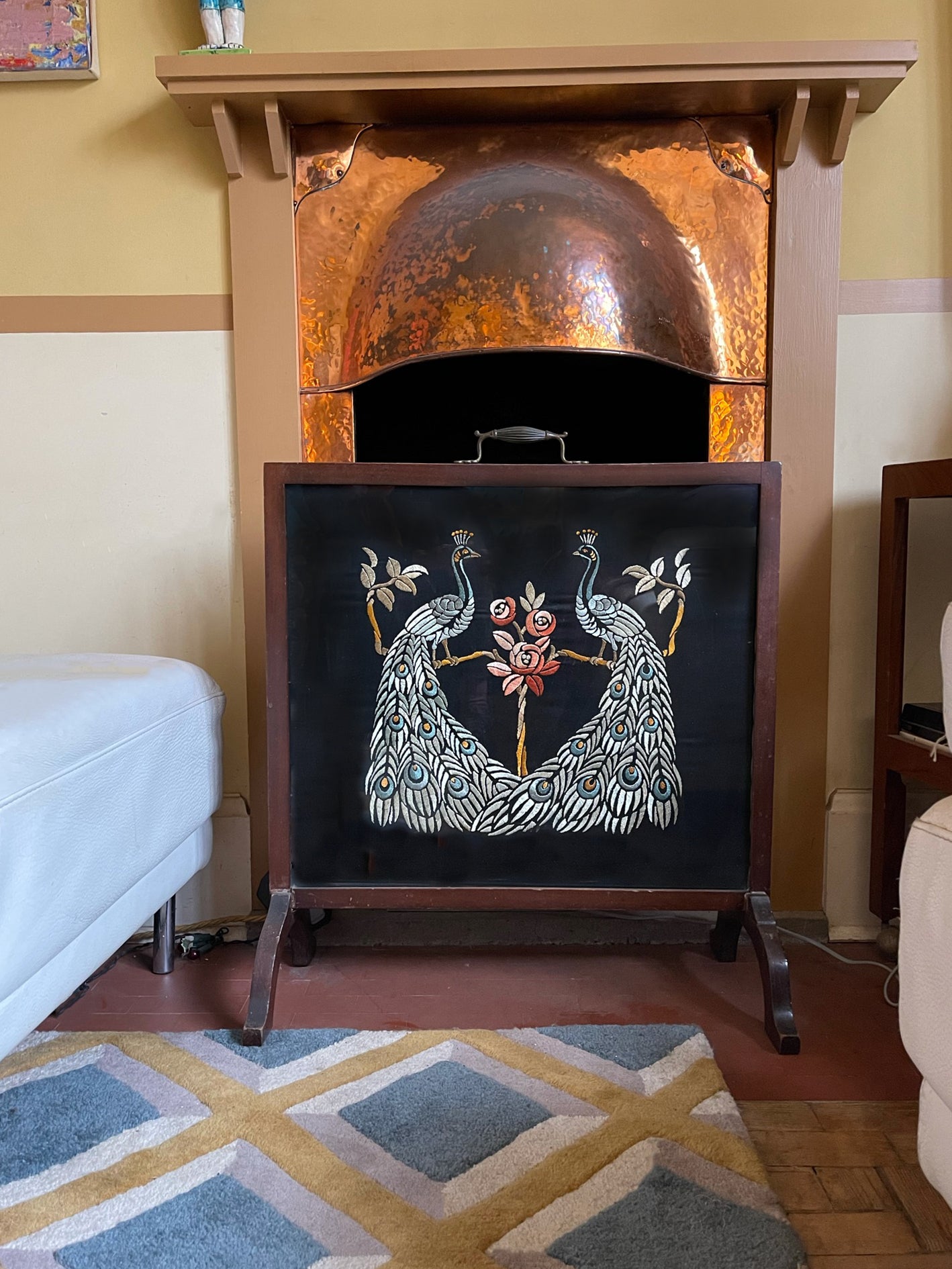 Peacock Pair Silk Embroidered Fire Screen