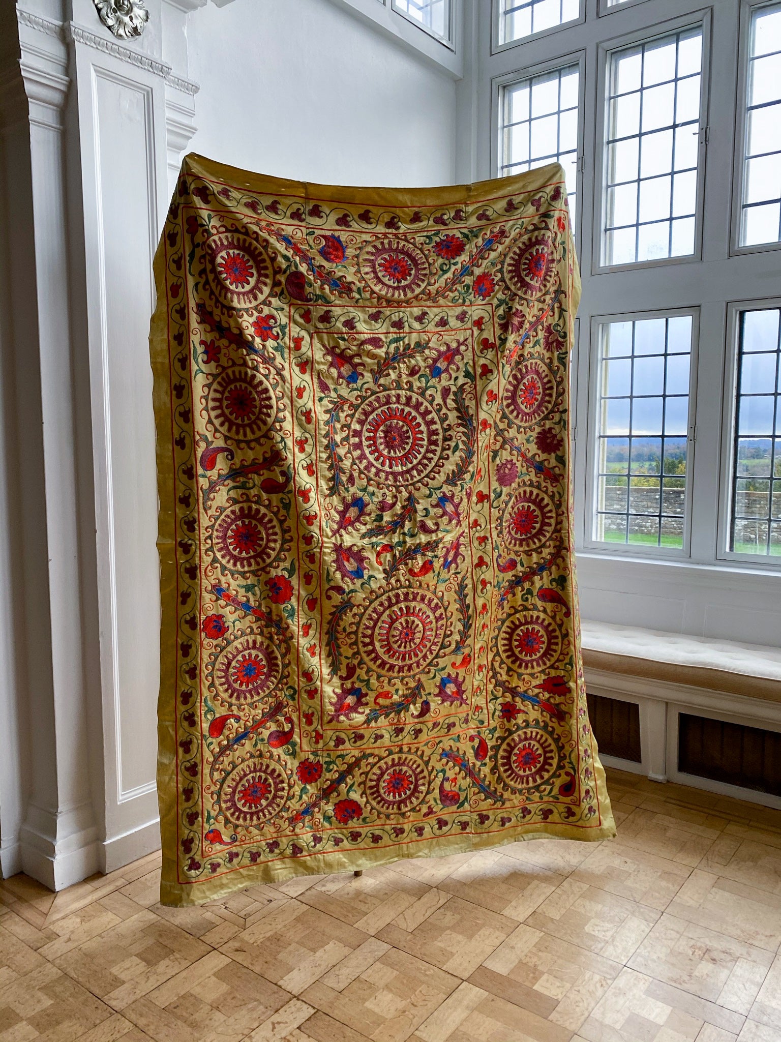 Burgundy Silk on Rich Biscuit Silk Suzani Panel
