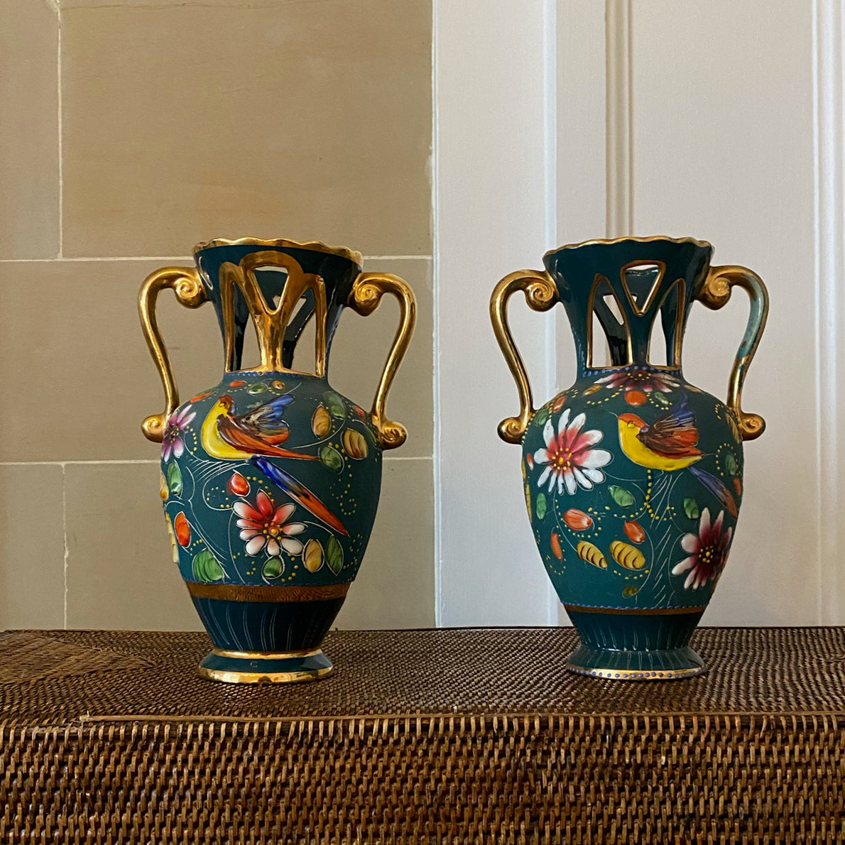 Pair of H. Bequet Teal Hand-painted Vases Quaregnon Belgium