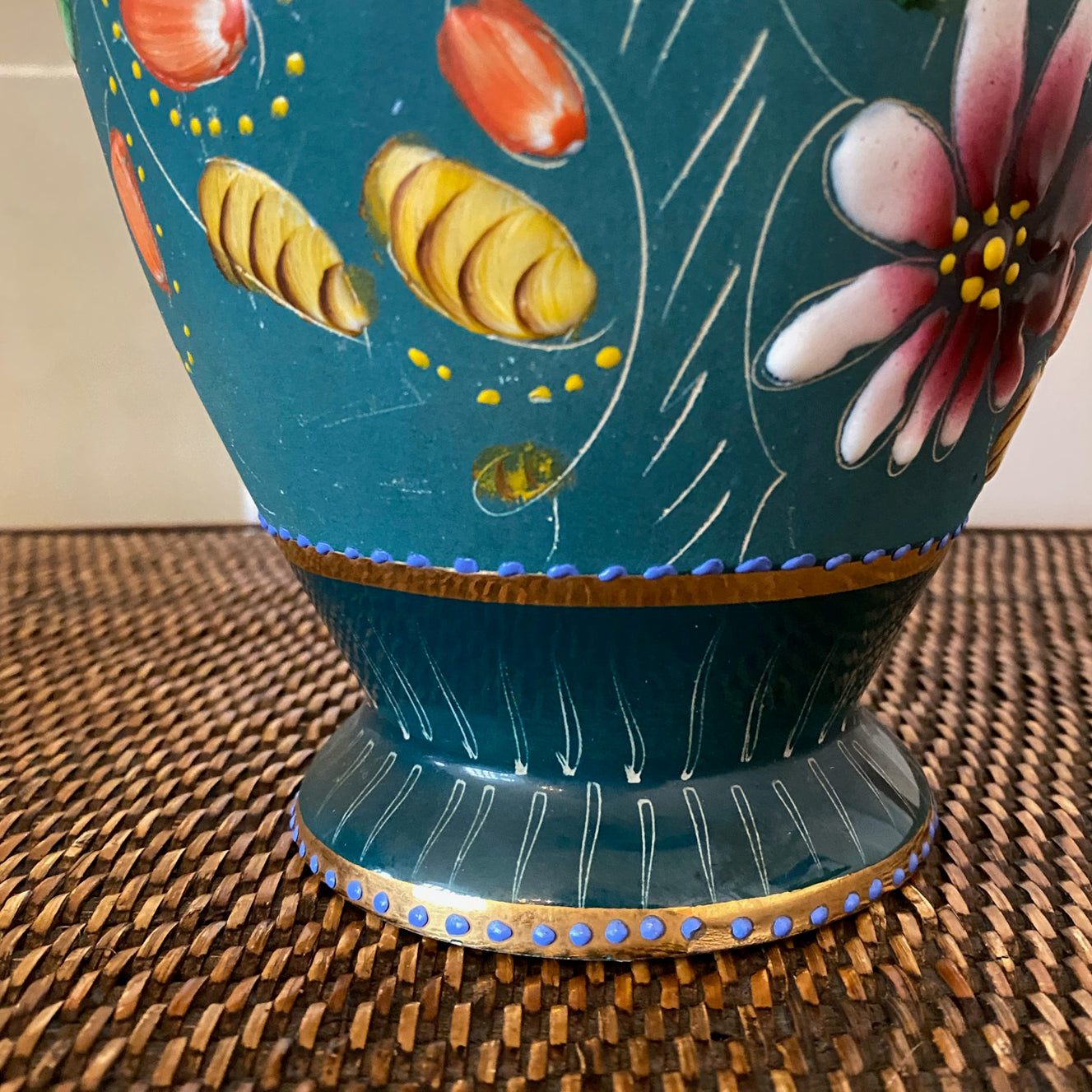 Pair of H. Bequet Teal Hand-painted Vases Quaregnon Belgium