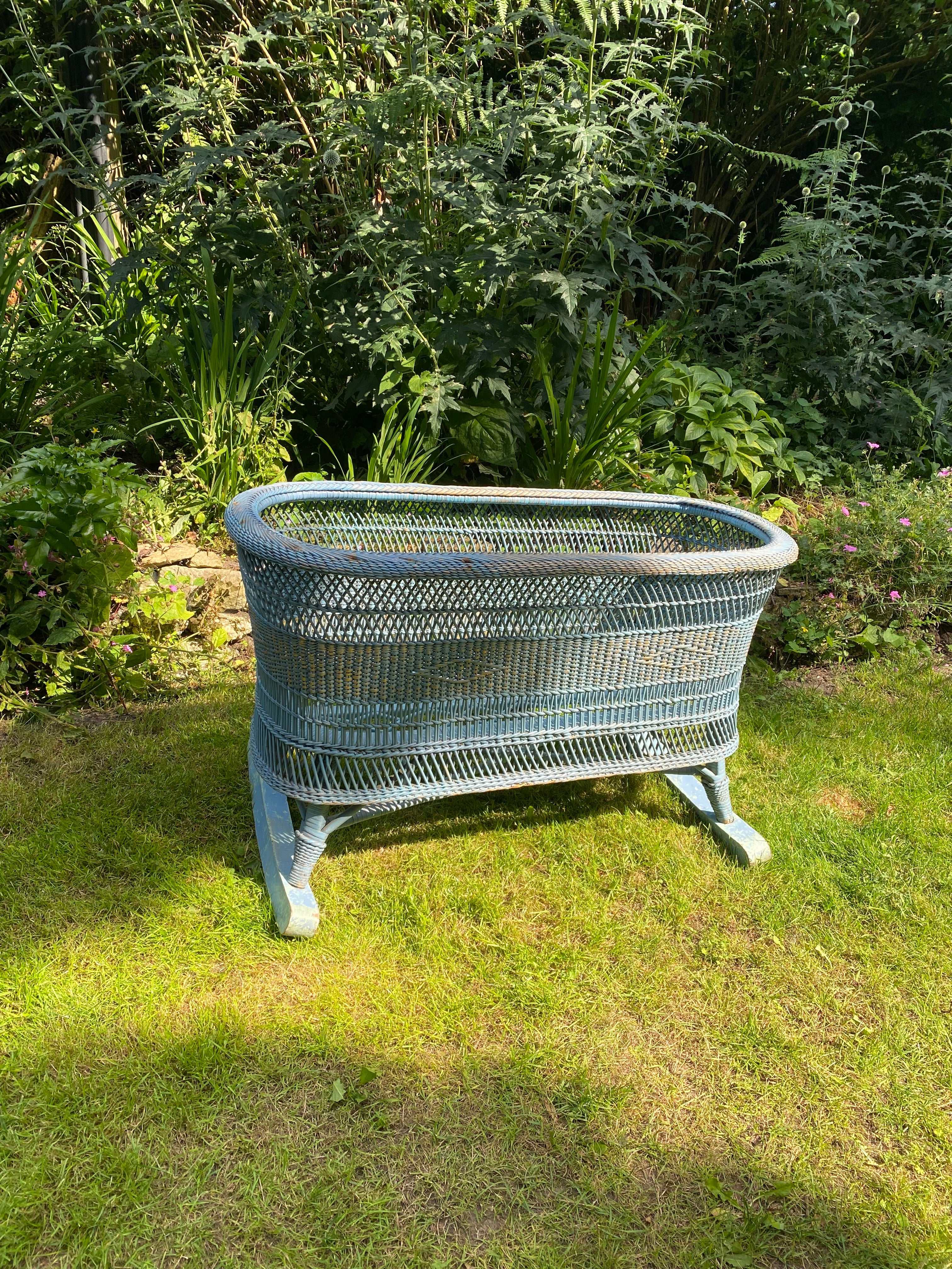 Vintage Blue Rattan Baby Cradle with Rockers