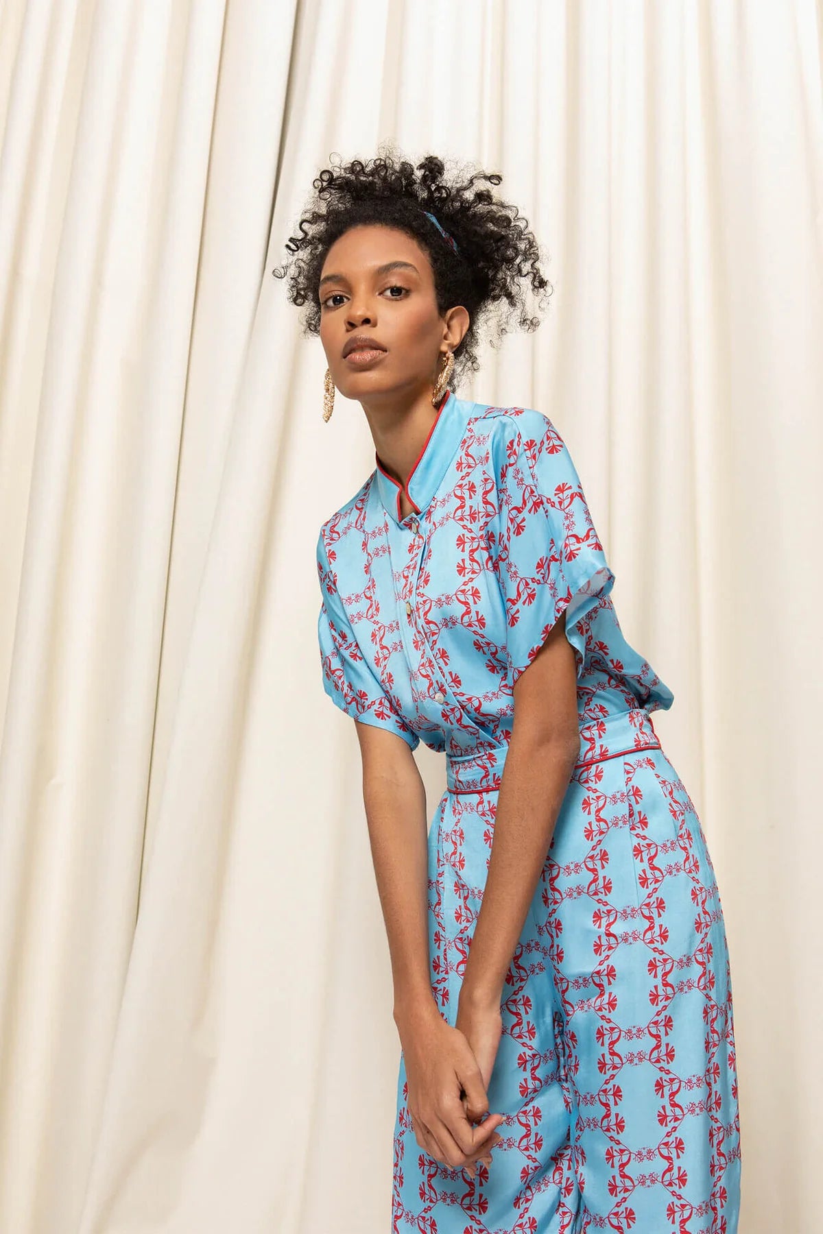 Coral Nehru Vegan Silk Pyjama Set