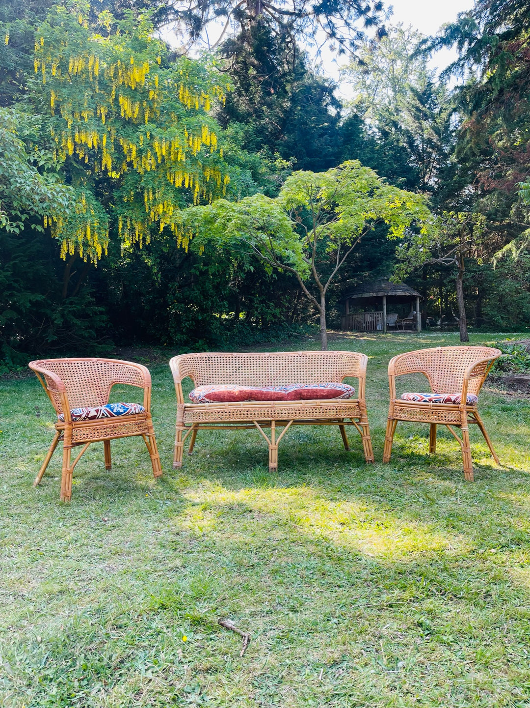 1960s Bamboo & Cane Sofa and Two Chairs Set