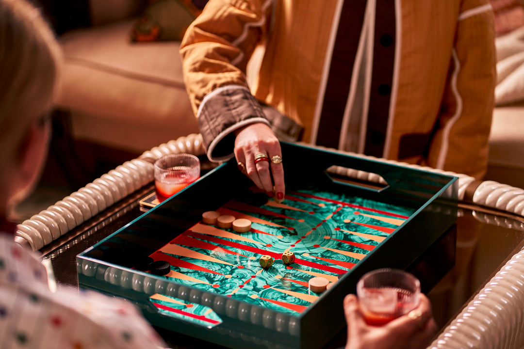 Hand Painted Malachite Backgammon Tray - Red