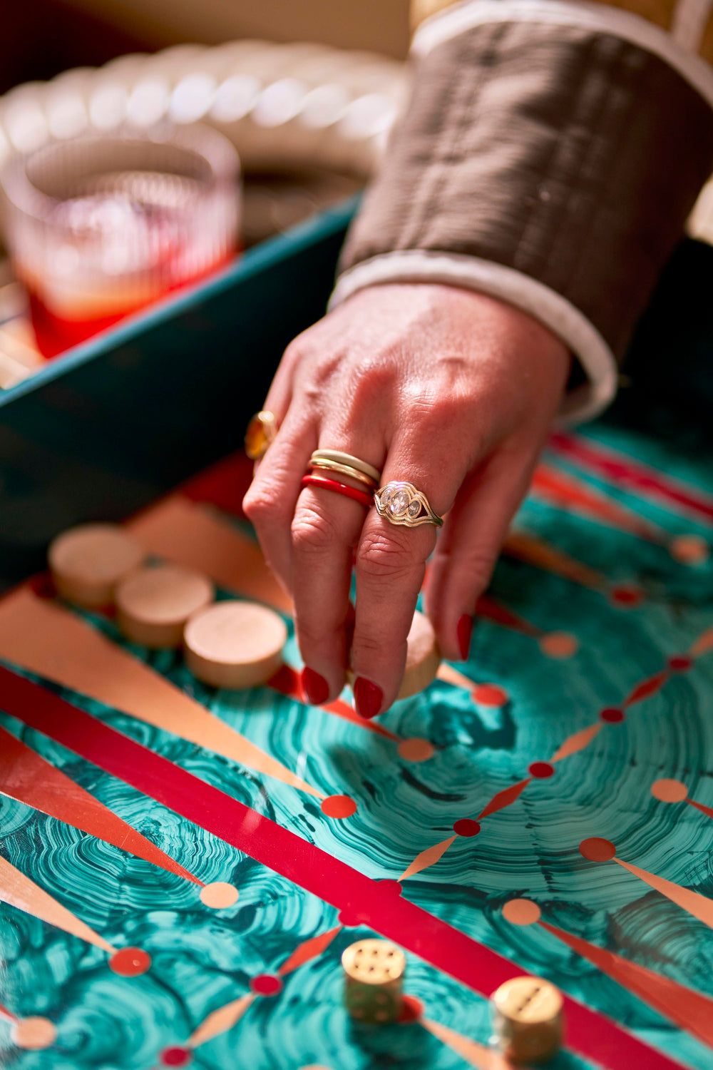 Hand Painted Malachite Backgammon Tray - Red