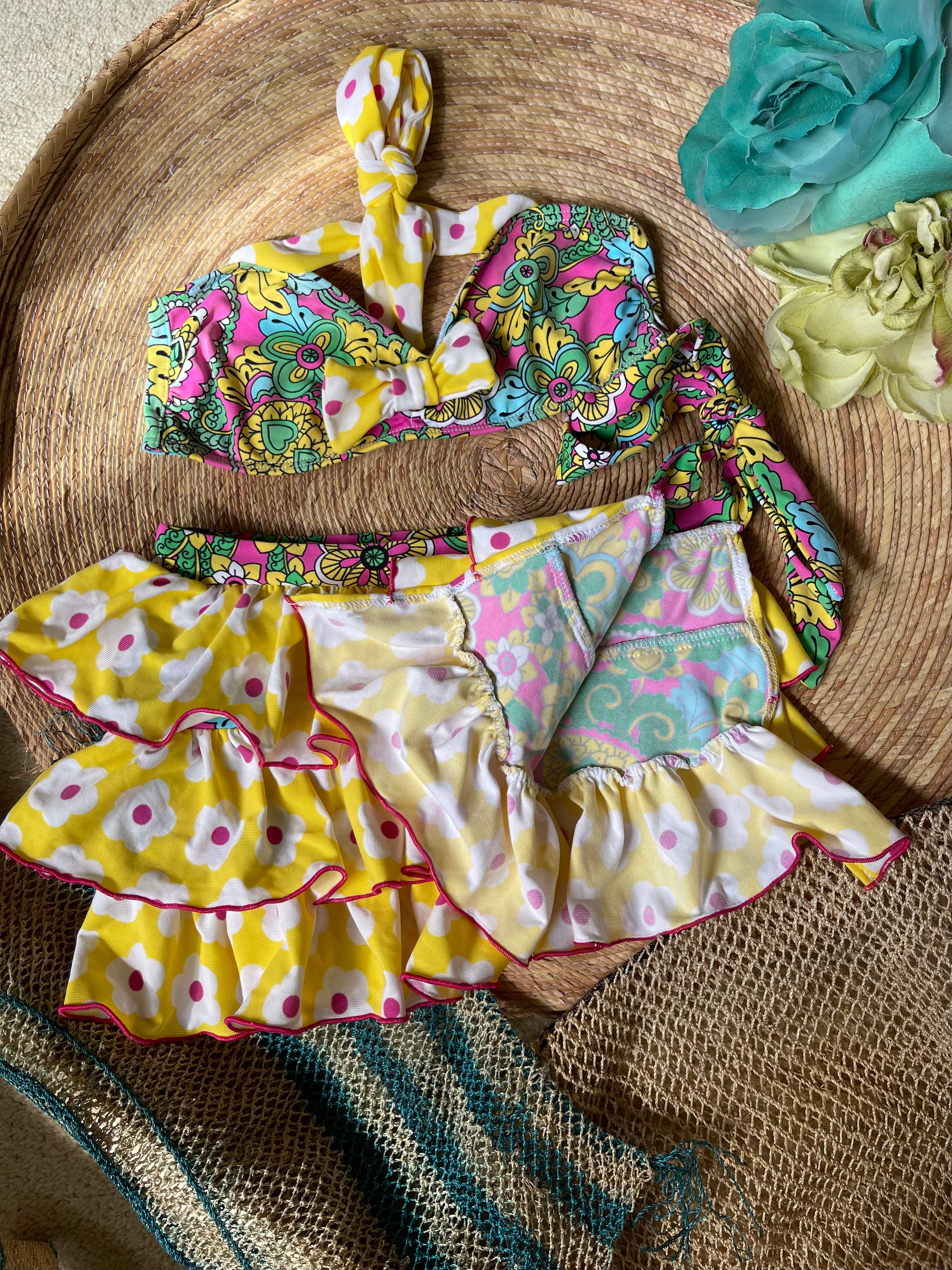 Pistol Panties Kids Floral Print Bikinis with beach skirt