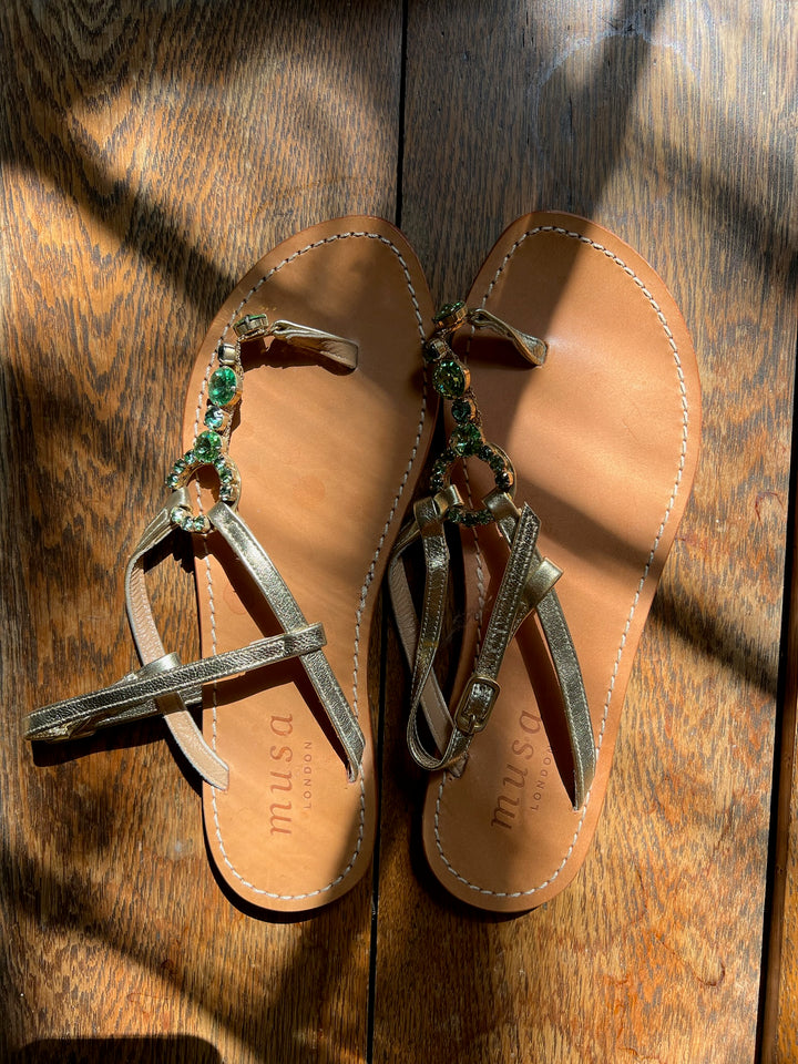 Green &amp; Gold Strappy Leather Musa Sandals