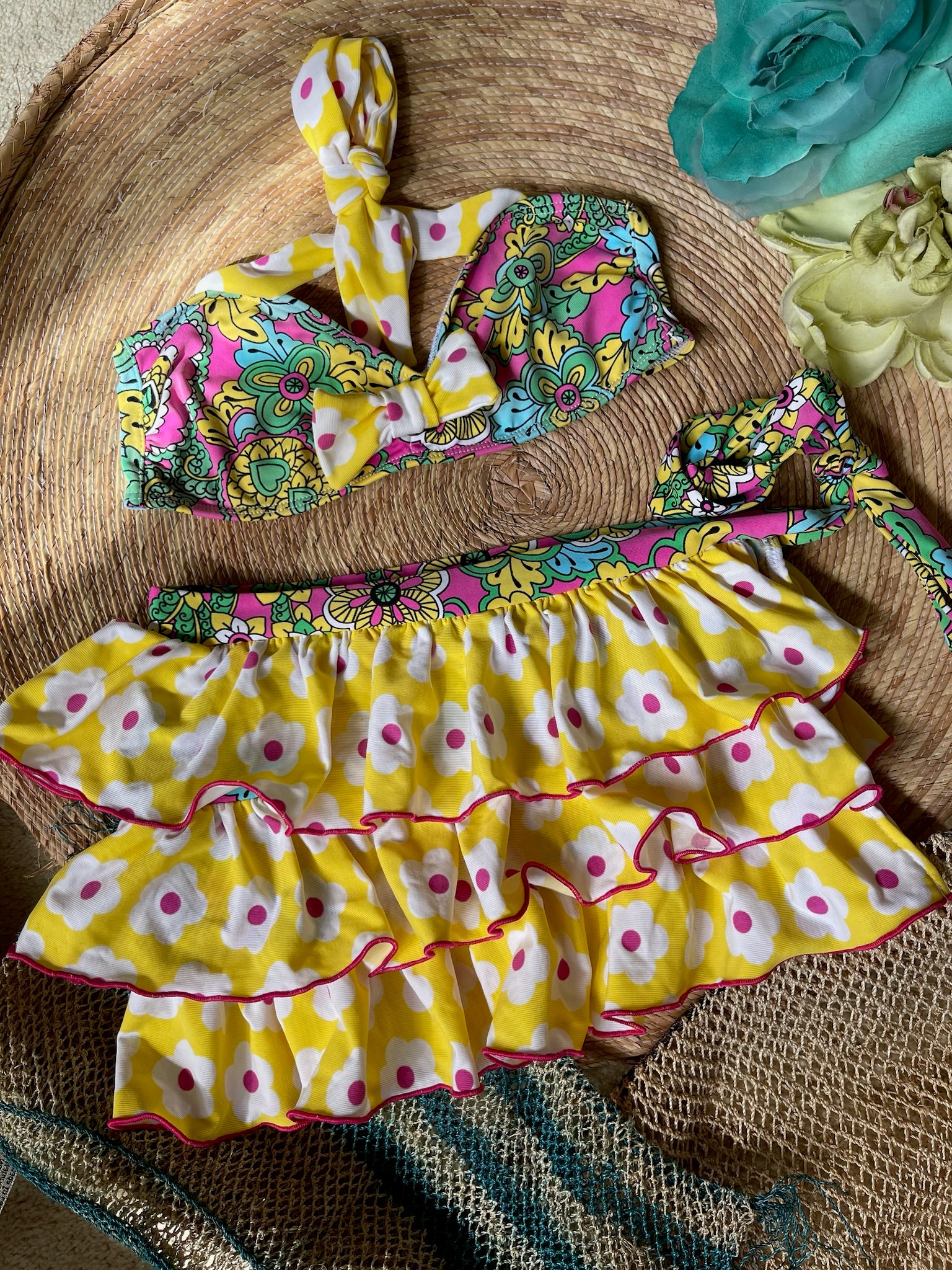 Pistol Panties Kids Floral Print Bikinis with beach skirt