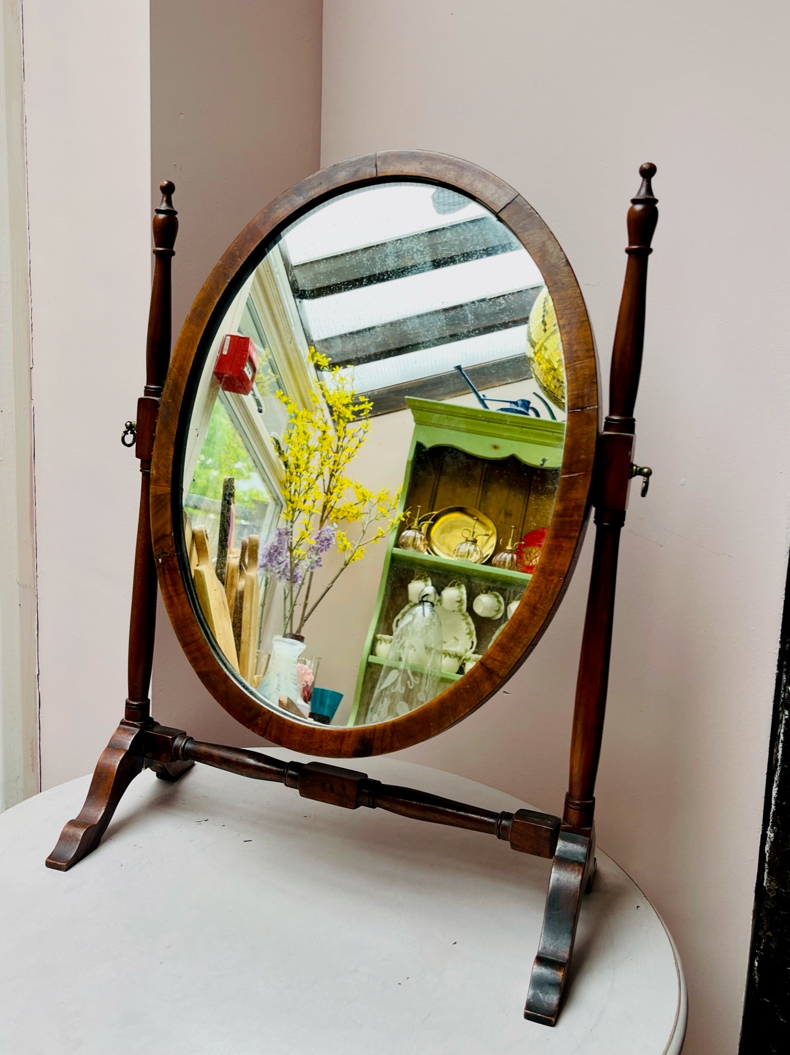 Antique Oval Walnut Table Mirror