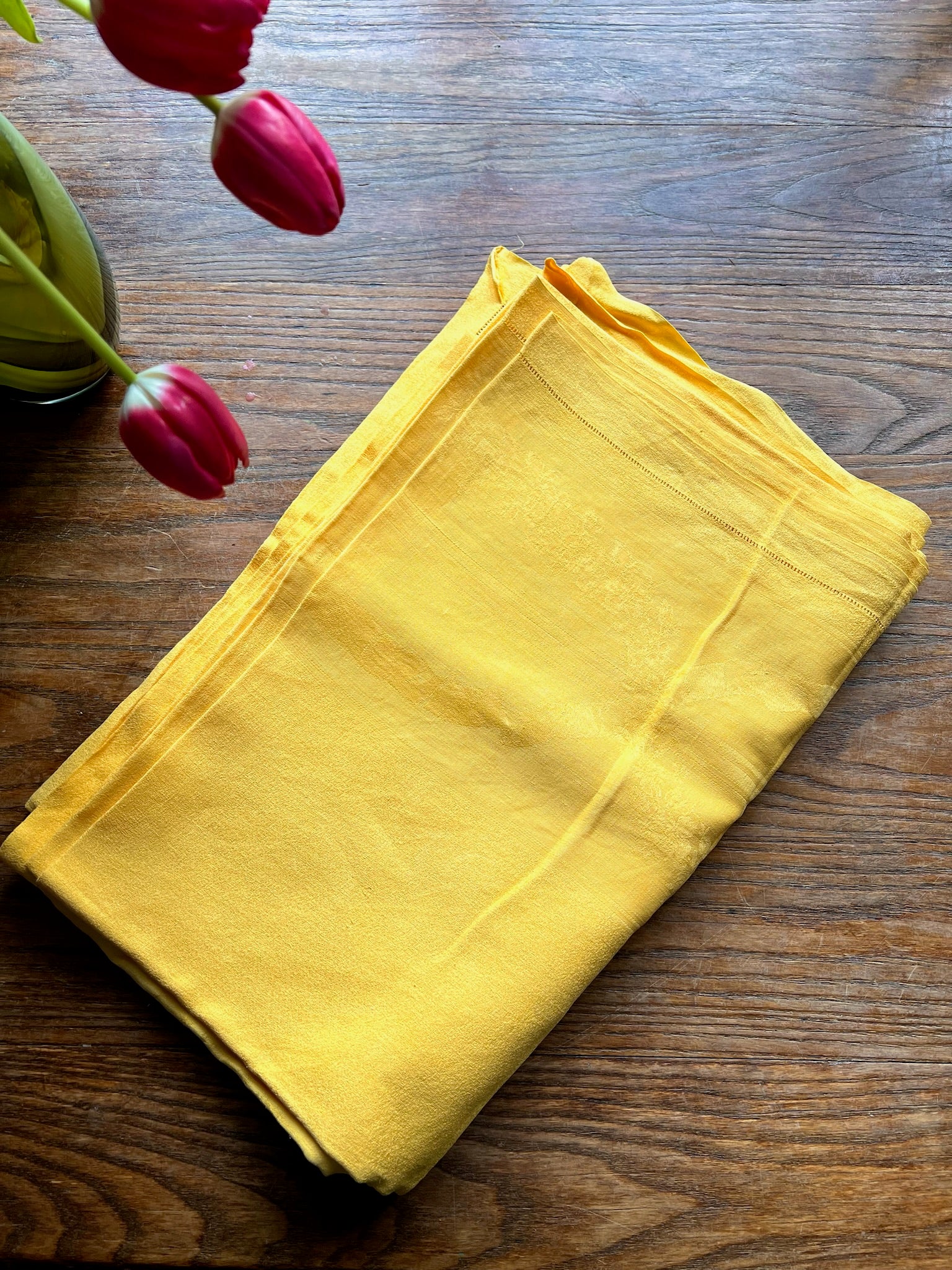 Vintage French Yolk Yellow Linen Damask Tablecloth