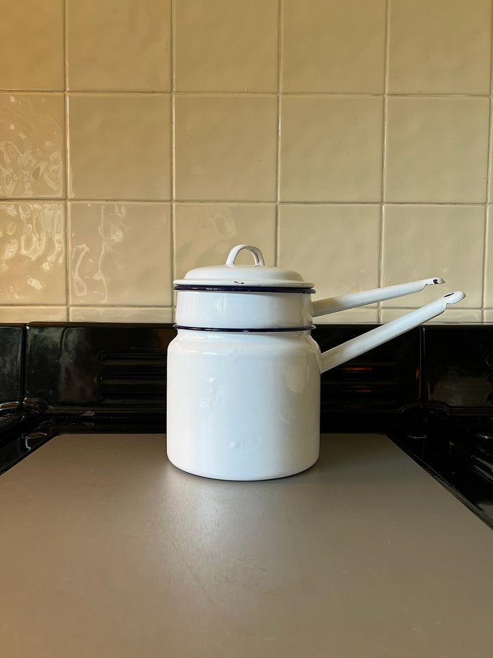 Enamel White &amp; Blue Double Boiler