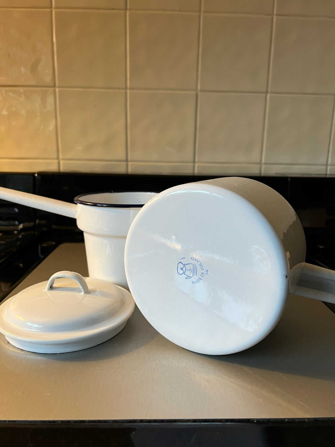 Enamel White &amp; Blue Double Boiler