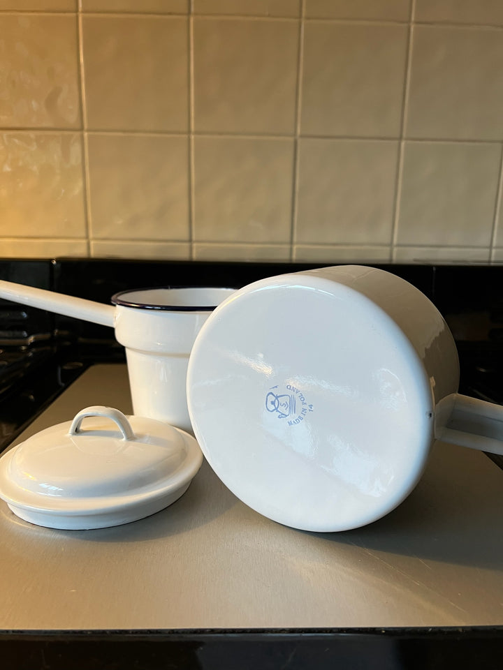 Enamel White &amp; Blue Double Boiler