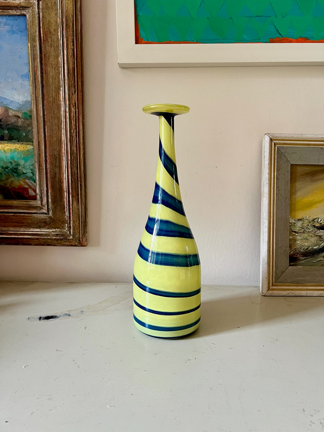Murano Blue &amp; Yellow Spiral Hand Blown Bottle Vase