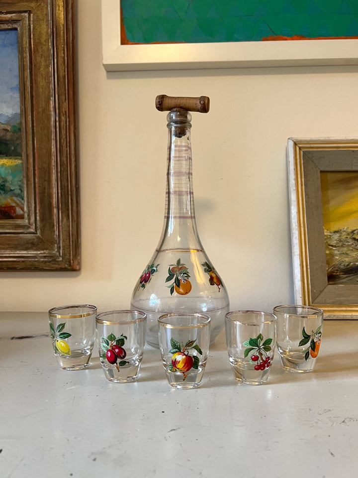 Fruit Salad Vintage Bamboo Stopper Decanter &amp; Glasses Set