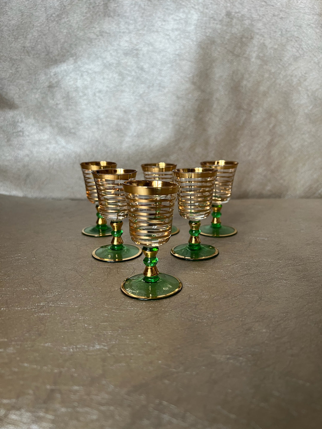 Gold Ring Green Stemmed Aperitif Glasses Set of Six