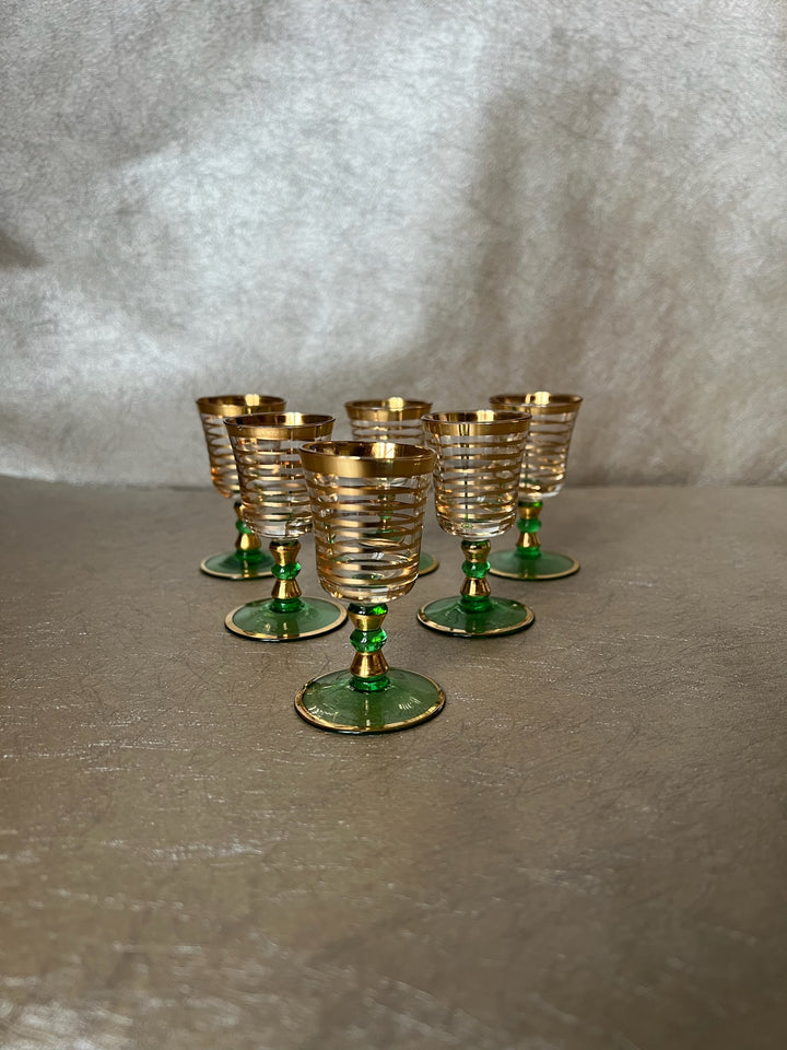 Gold Ring Green Stemmed Aperitif Glasses Set of Six