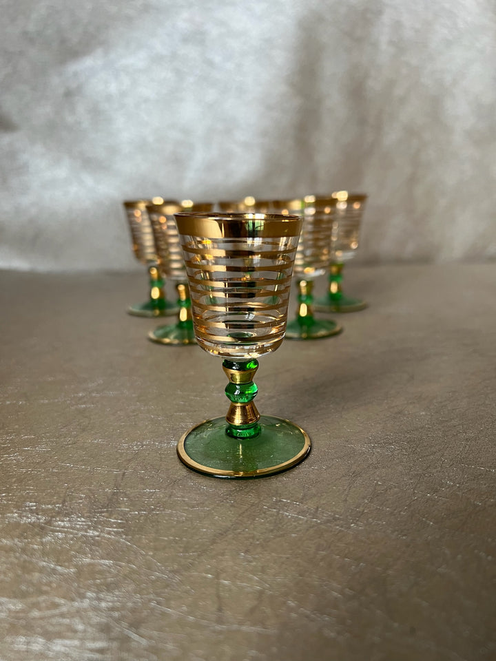 Gold Ring Green Stemmed Aperitif Glasses Set of Six