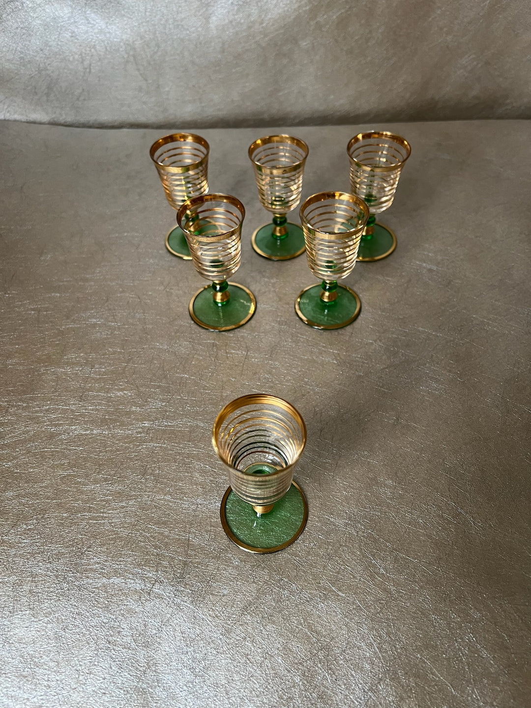 Gold Ring Green Stemmed Aperitif Glasses Set of Six