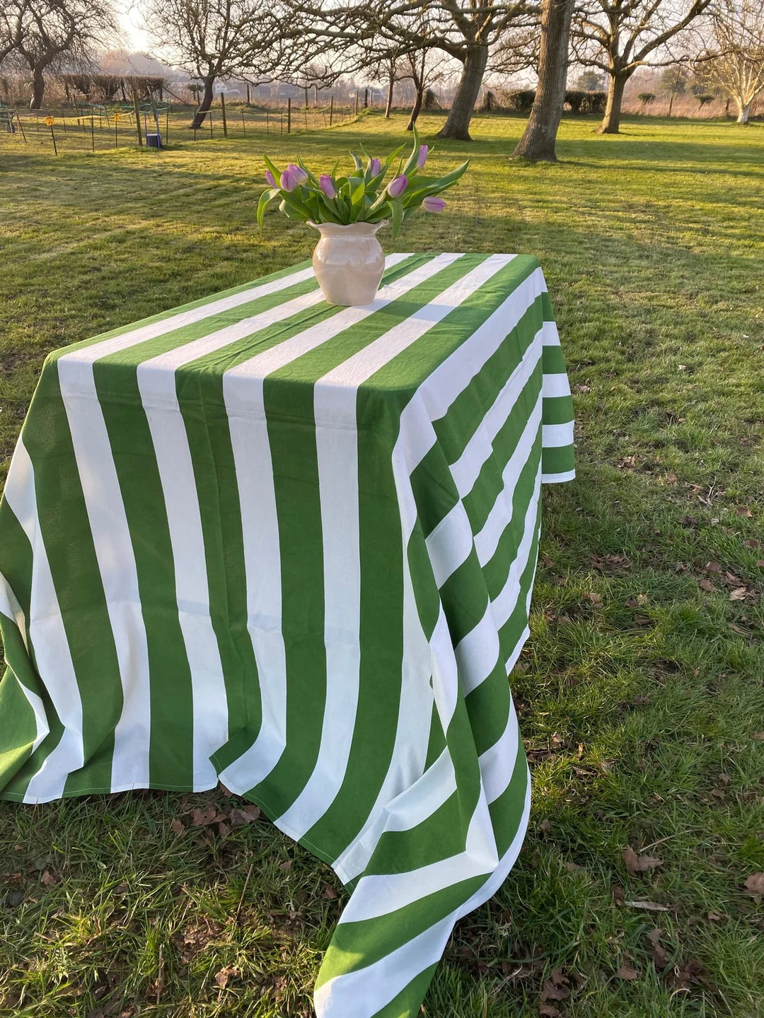 Green Stripe Indian Block Print Tablecloth