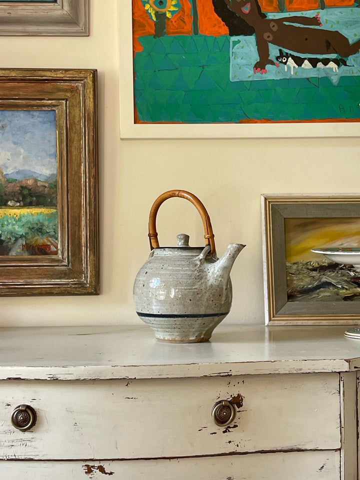 Grey &amp; Blue Stripe Glazed Teapot with Bamboo Handle