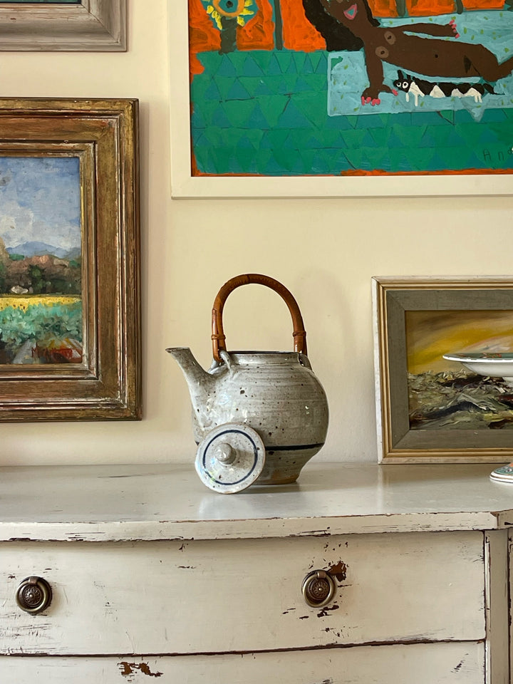Grey &amp; Blue Stripe Glazed Teapot with Bamboo Handle