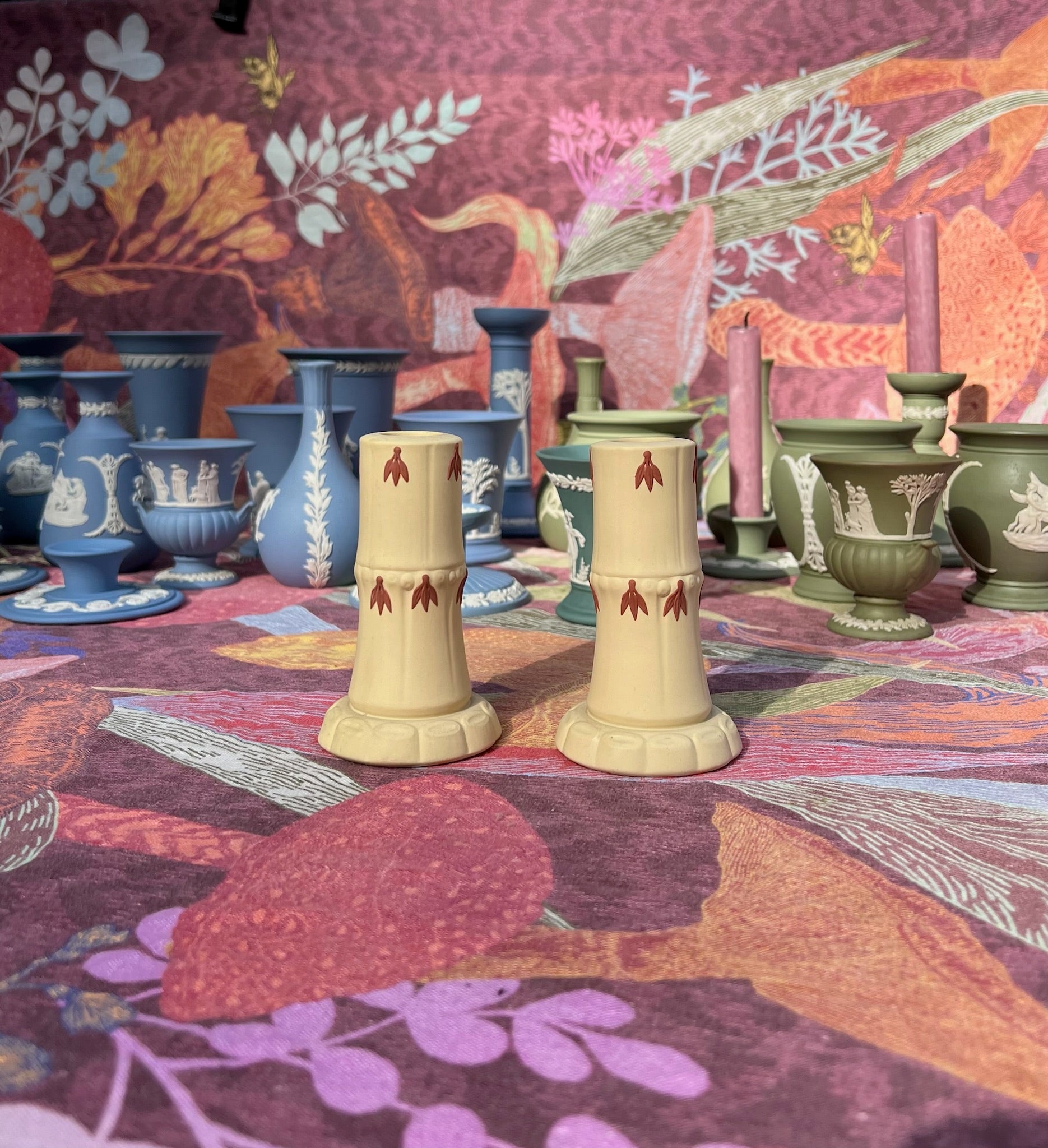 Jasper Ware Faux Bamboo pair of Caneware candlesticks 