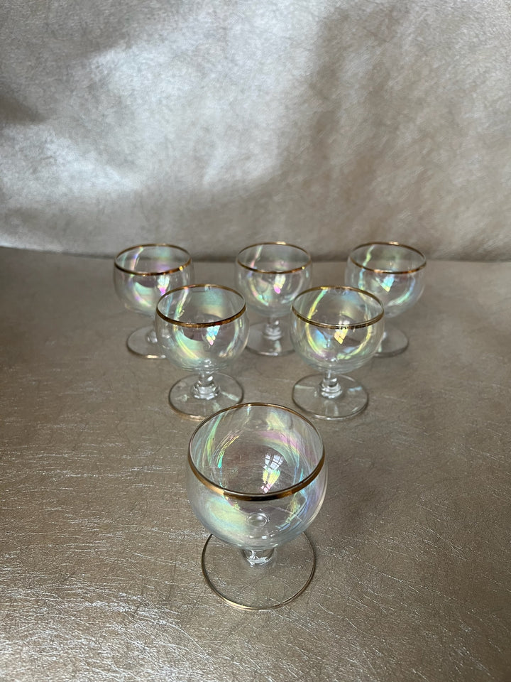 Iridescent Gold Rimmed Aperitif Glasses Set of Six