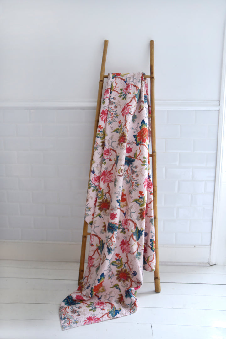 Pink Exotic Flower Kantha Throw