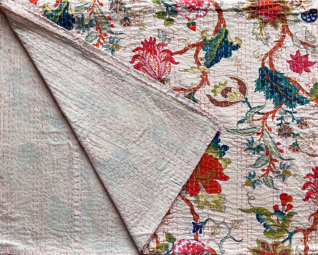 Pink Exotic Flower Kantha Throw