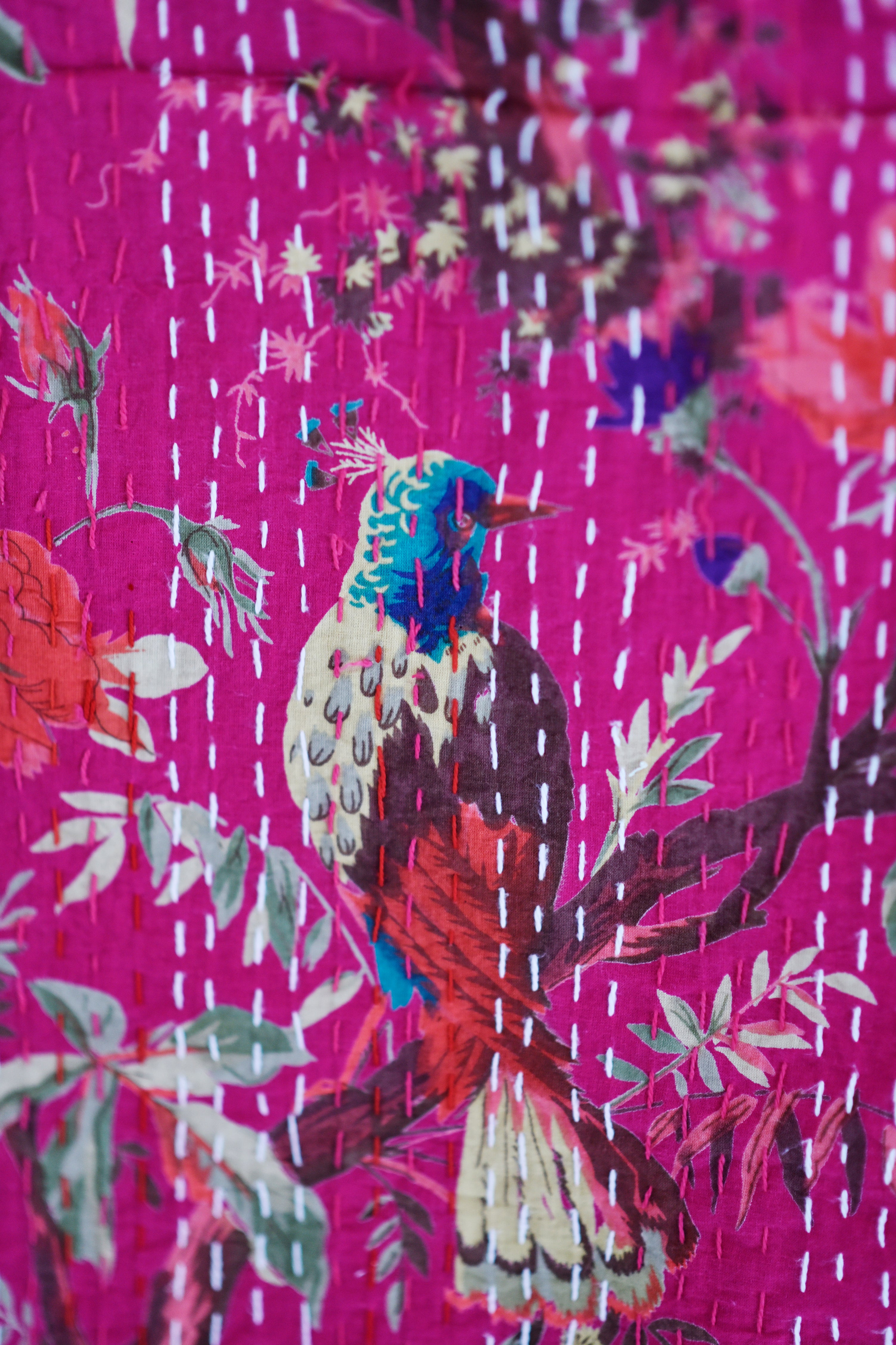 Hot Pink Birds Kantha Throw